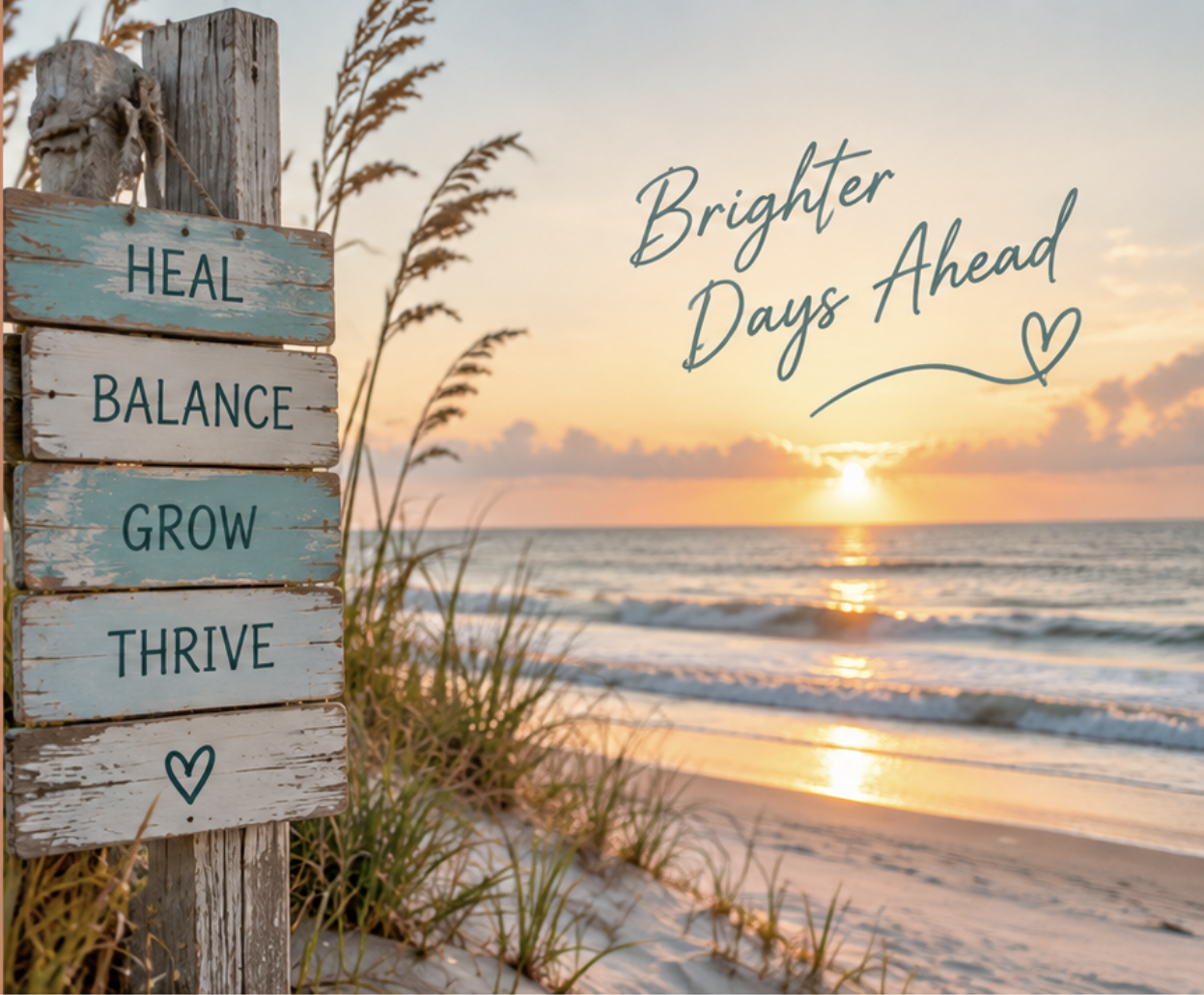 A sunset over the ocean with a wooden sign featuring the words "Heal," "Balance," "Grow," and "Thrive," and the text "Brighter Days Ahead" with a heart, all on a beach with sand and tall grass.