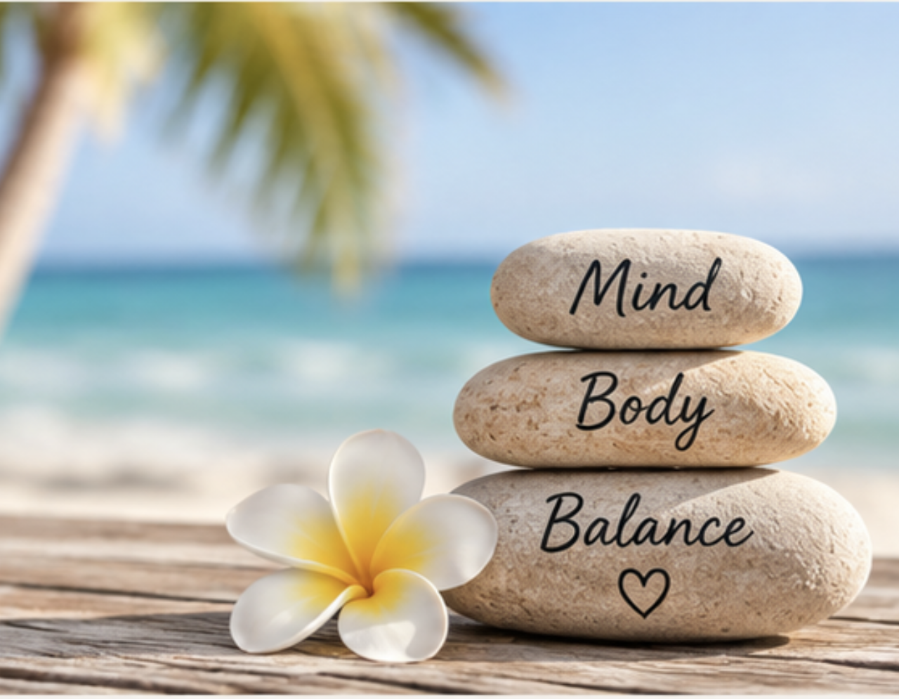Three stacked stones with the words "Mind," "Body," and "Balance" written on them, with a white and yellow flower beside the stones, on a wooden surface with a beach, palm tree, and ocean in the background.