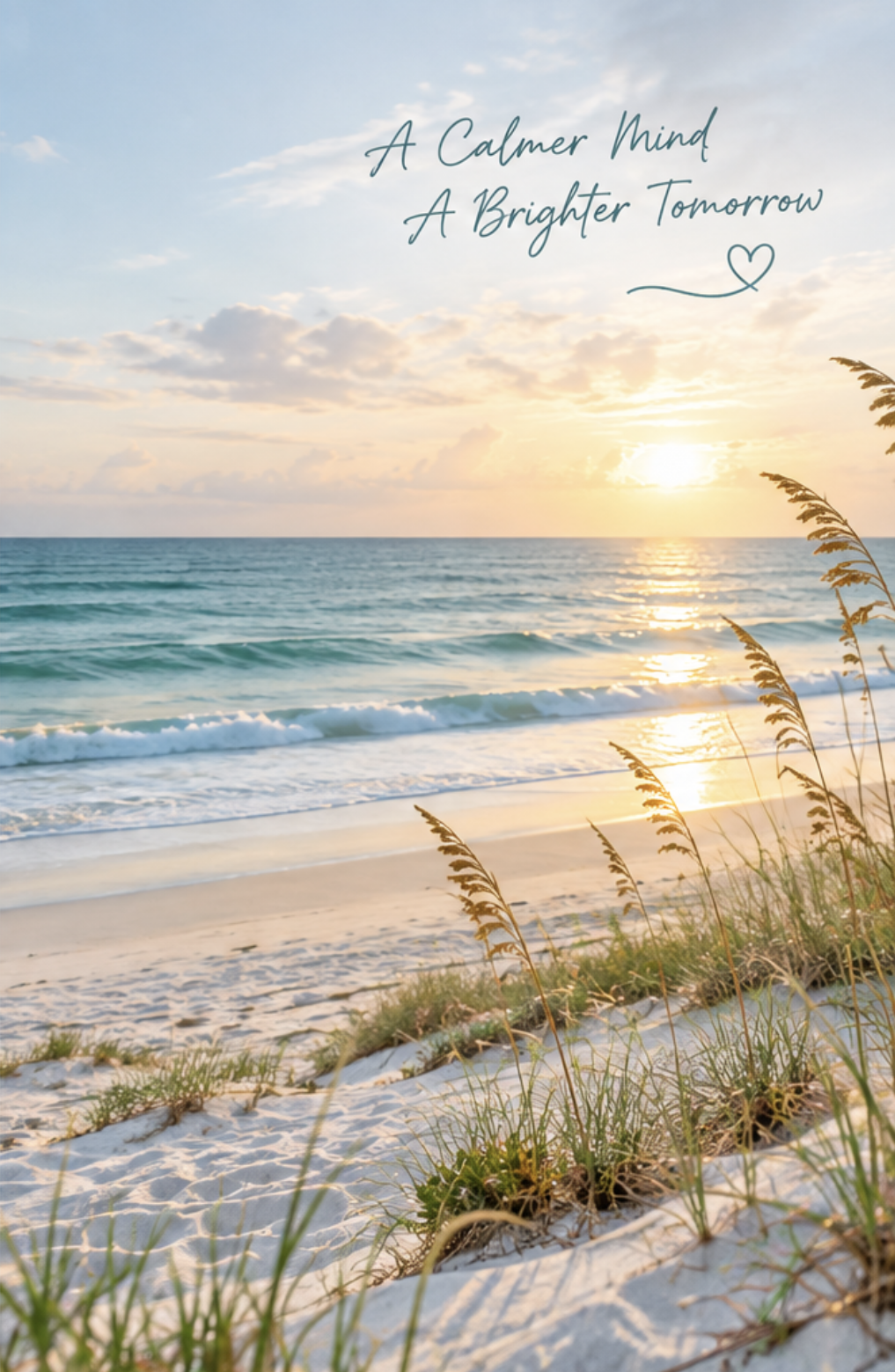 Sunset over the ocean with waves and beach grass in the foreground, and a quote that says "A Calmer Mind, A Brighter Tomorrow" with a heart symbol.