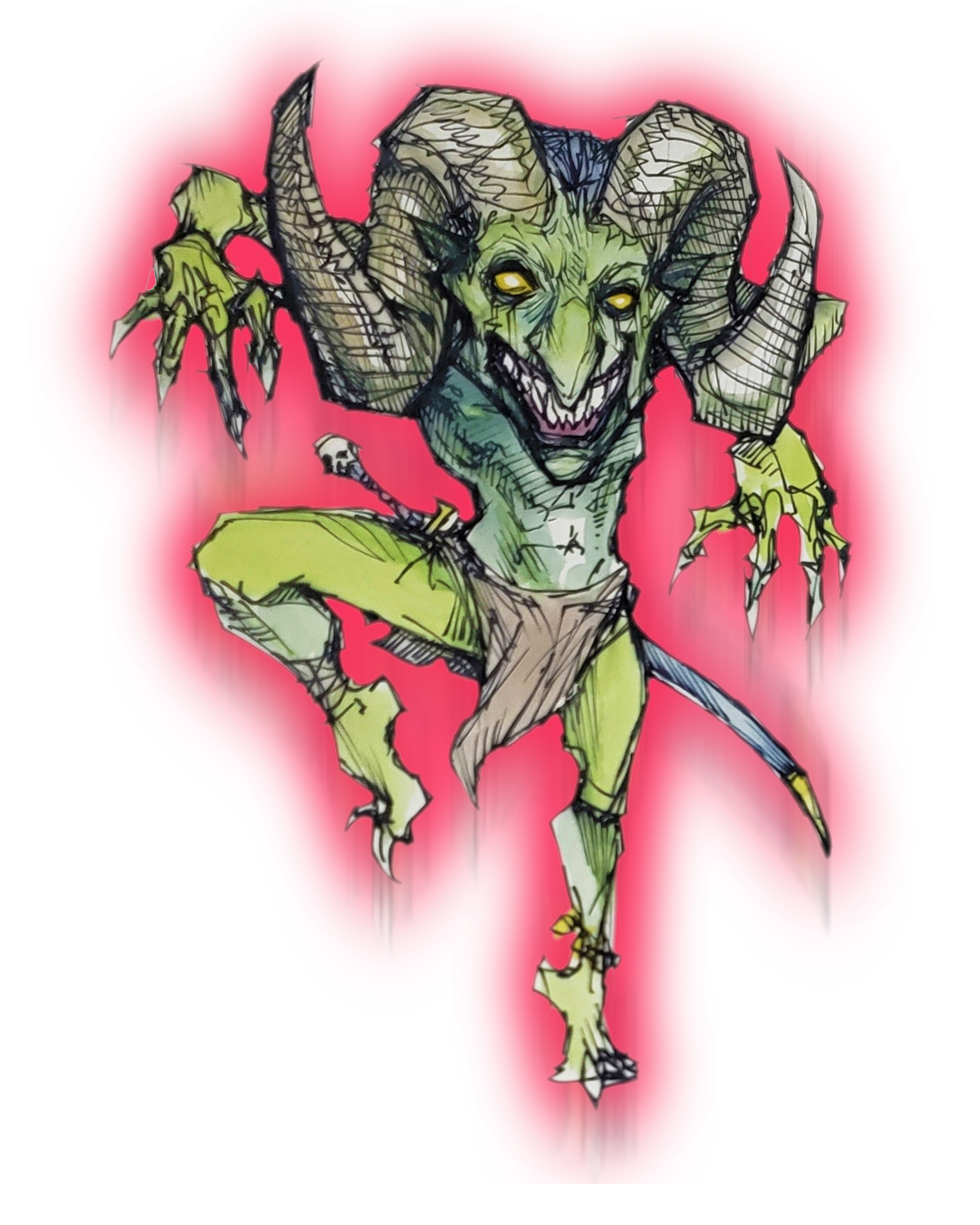 An animated, jumping up and down fantasy illustration of a goblin with a mischievous expression, green skin, large yellow eyes, sharp teeth, and curled horns on its head. It wears a sheathed sword and tattered clothing. The background is bright pink.