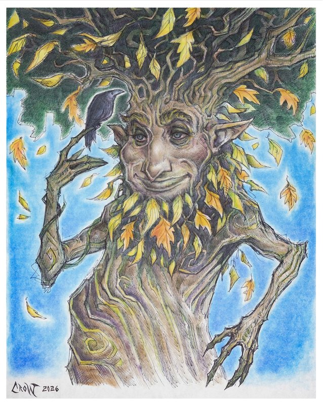 An artistic drawing of a whimsical tree with a human face, yellow and orange leaves, and a bird perched on one branch, against a blue sky background.