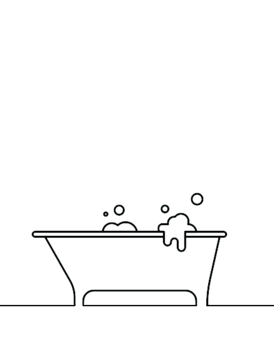 Line drawing of a freestanding bathtub filled with water and bubbles.