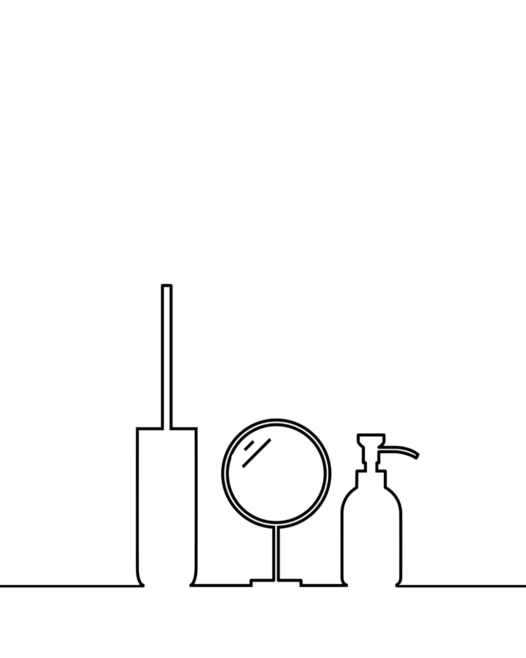 Outline drawing of bathroom accessories: a soap dispenser, a toilet brush and a round mirror.