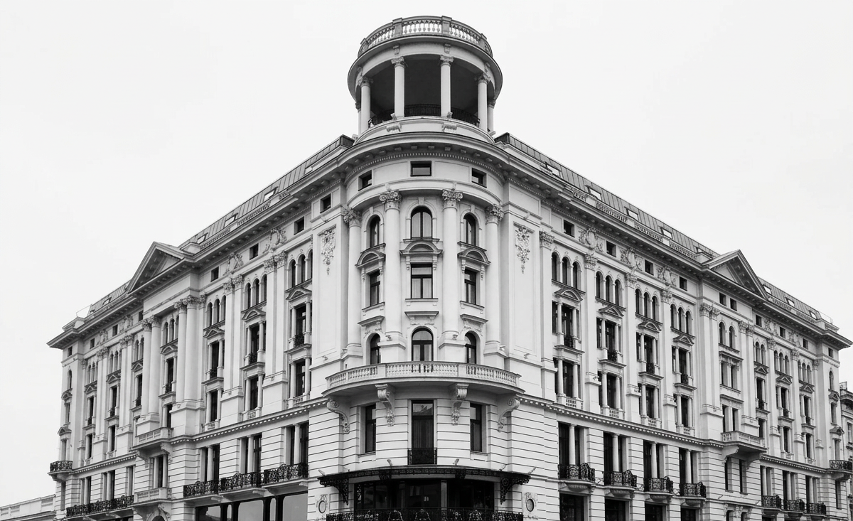 Black and white photo of historic Hotel Bristol in Warsaw.