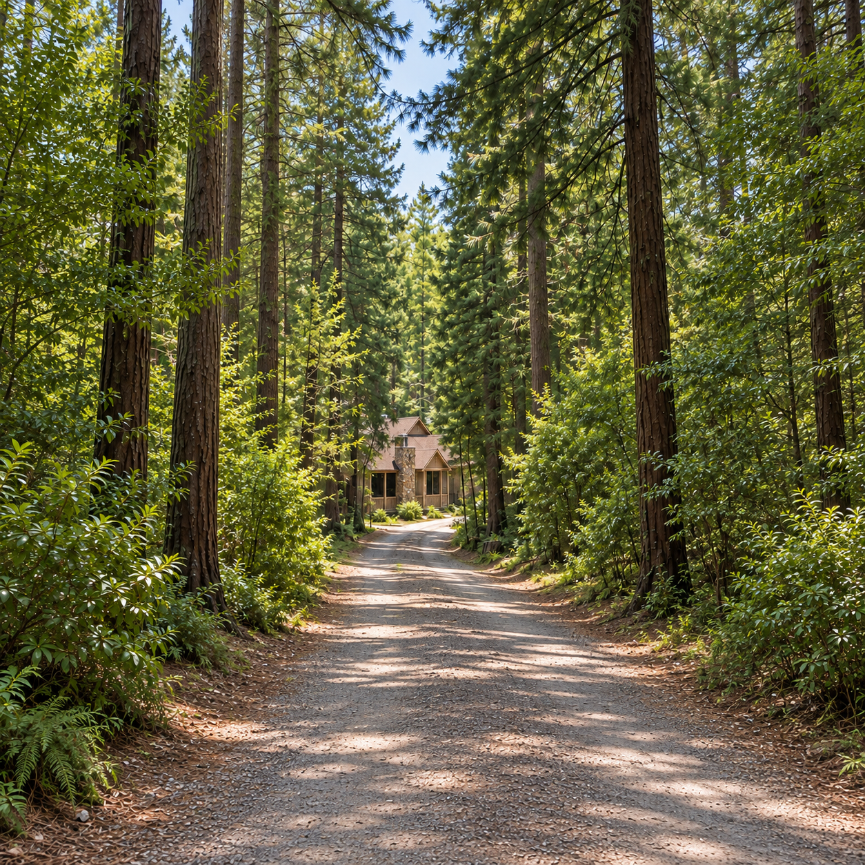 Tree-lined driveway leading to a small home, illustrating Echo Glade’s woodland setting.