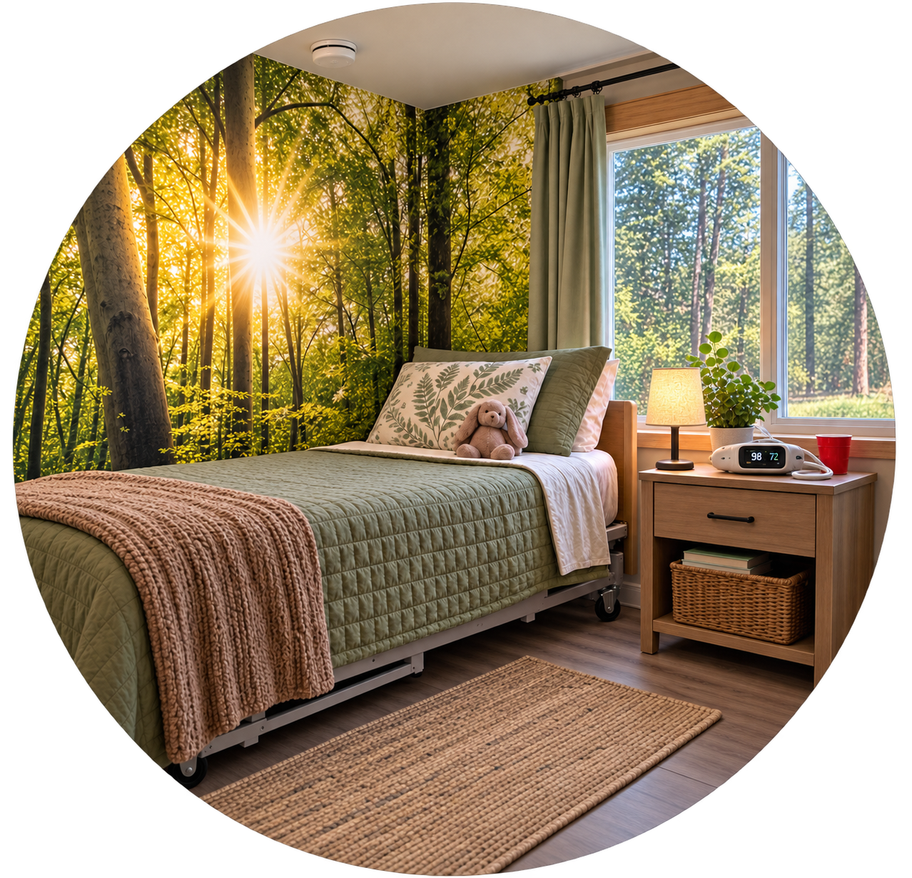 Woodland-themed bedroom with a green bedspread, forest mural, and soft toy.