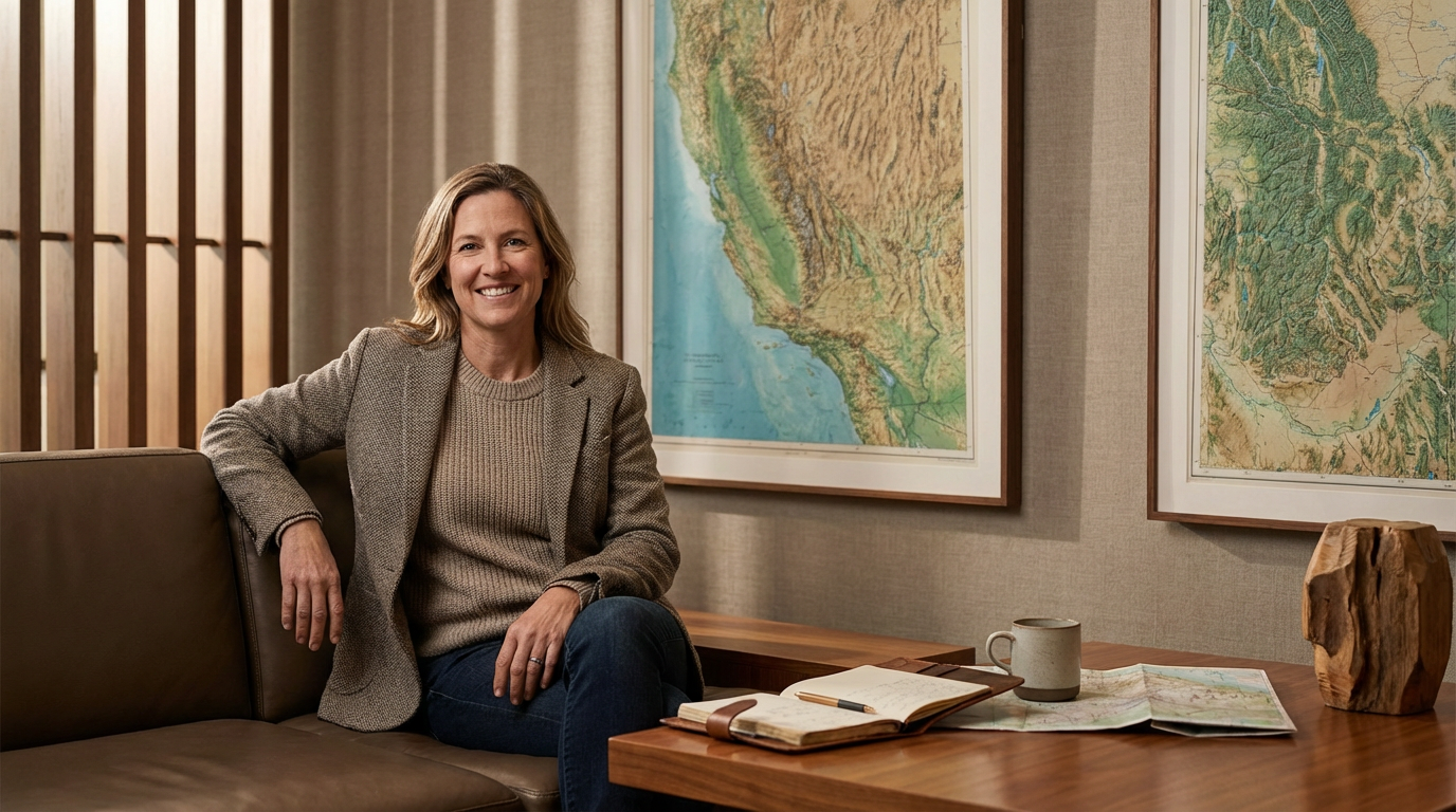 A woman sitting on a leather couch in an office, smiling, with maps on the wall behind her and on the table in front of her, along with a mug, notebook, and pen.