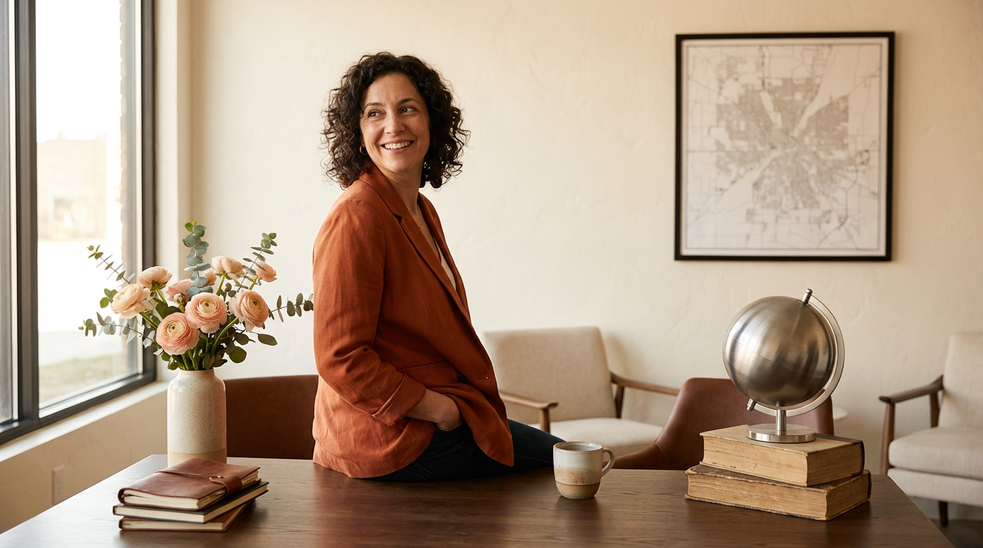 A woman with curly dark hair wearing an orange blazer smiling and sitting on a desk in an office or living room. There is a vase with pink flowers, a stack of books with a globe on top, a ceramic mug, and a closed notebook on the desk. In the background, there are two chairs and a framed city map on the wall.
