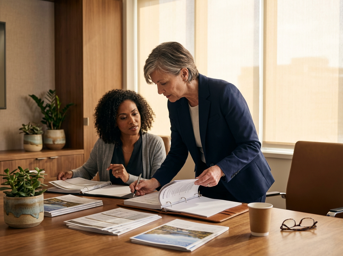 Two women in a professional office setting reviewing documents around a large wooden table with binders, papers, a plant, a cup, and glasses.
