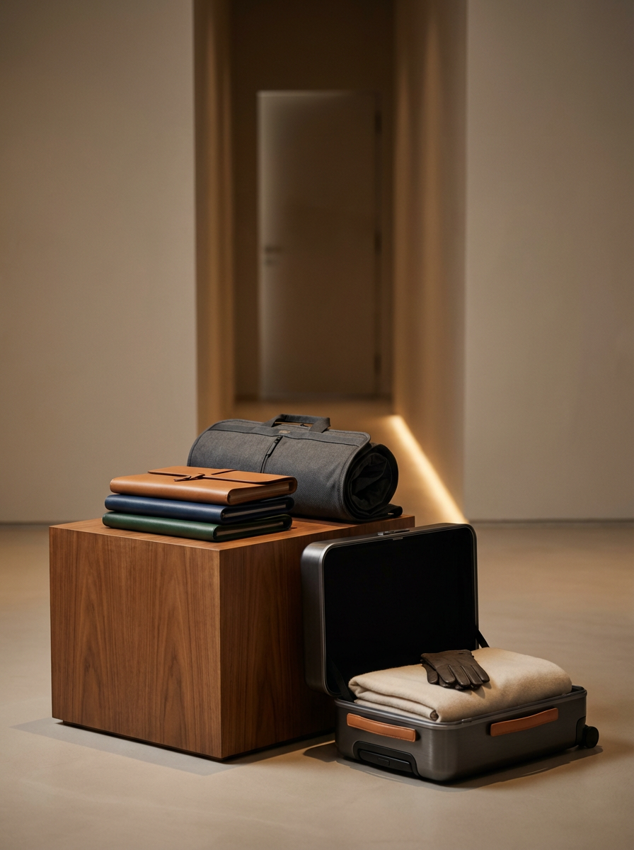Travel gear including a grey duffel bag, four colorfully styled notebooks or folders, and an open suitcase with clothing and a pair of gloves on top, all placed on a wooden cube against a neutral background.
