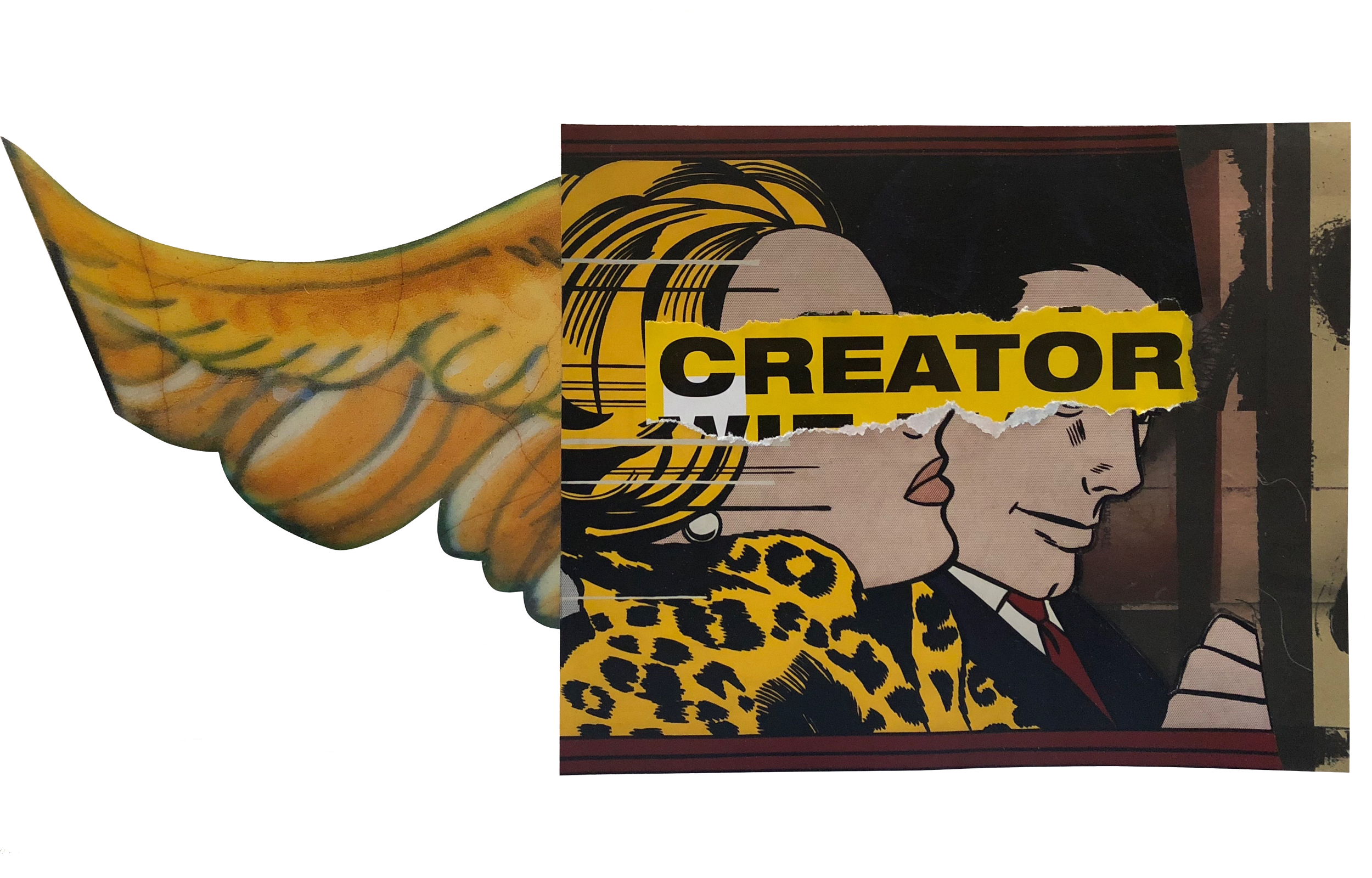 Collage combining a vintage comic-style illustration of a woman with leopard print clothing and the words 'CREATOR' in bold black text on a yellow background, overlaid with a partially visible banana realistic painting.