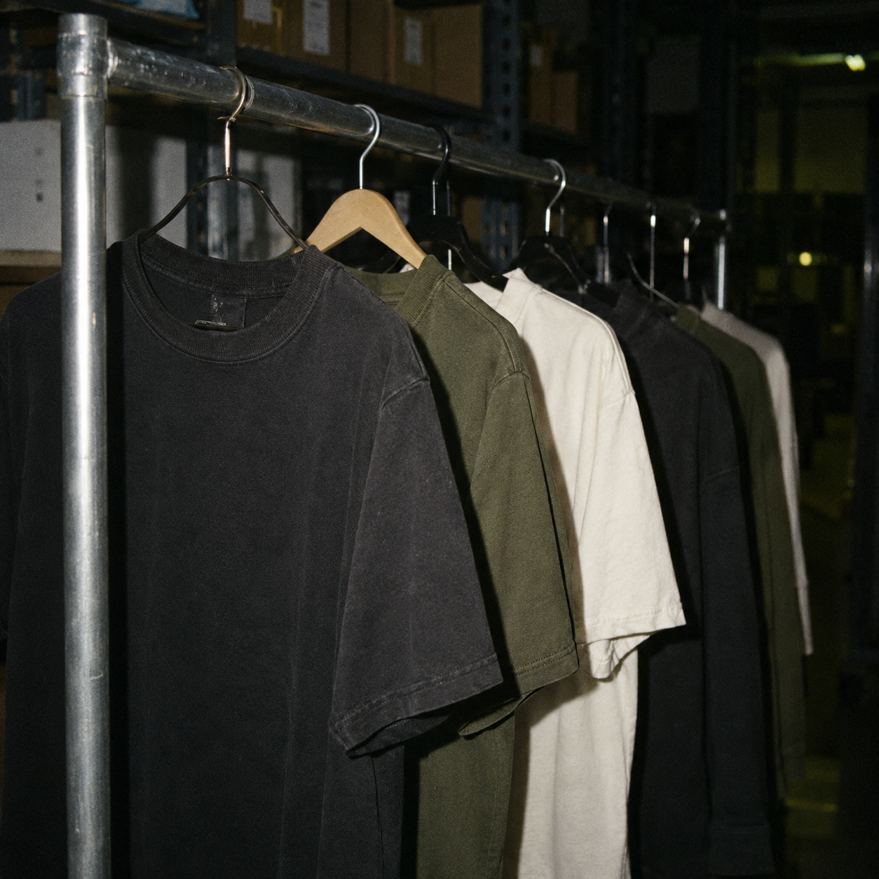 A row of blank T-shirts in black, olive green, beige, and dark gray hanging on a metal clothing rack in a warehouse or storage room.