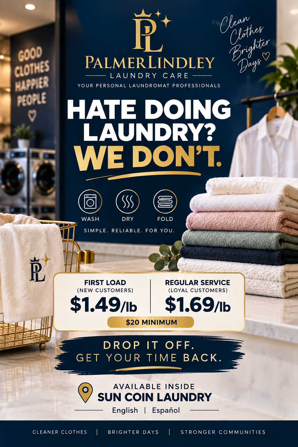 Sign for PalmerLindley Laundry Care reads "Hate doing laundry? We don’t." with icons for wash, dry, and fold, and pricing for first load at $1.49 per pound and regular service at $1.69 per pound, with a $20 minimum. There are stacks of towels and laundry items, a laundry basket, and a white shirt on a hanger.