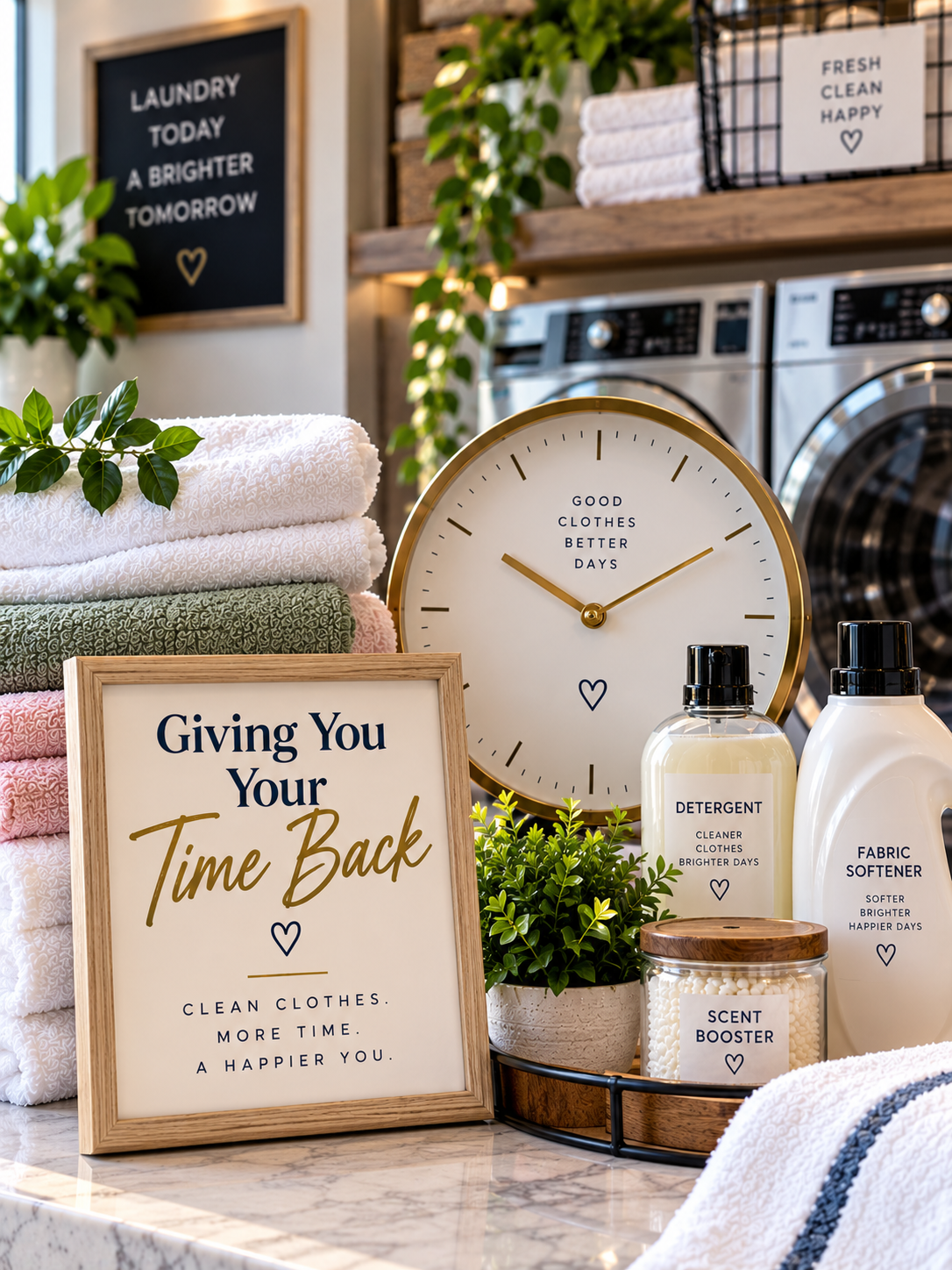 A laundry room with neatly folded towels, potted green plants, a large clock with the words "Good Clothes Better Days," and a framed sign that reads "Giving You Your Time Back" along with laundry detergents, fabric softener, scent booster, and decorative elements.