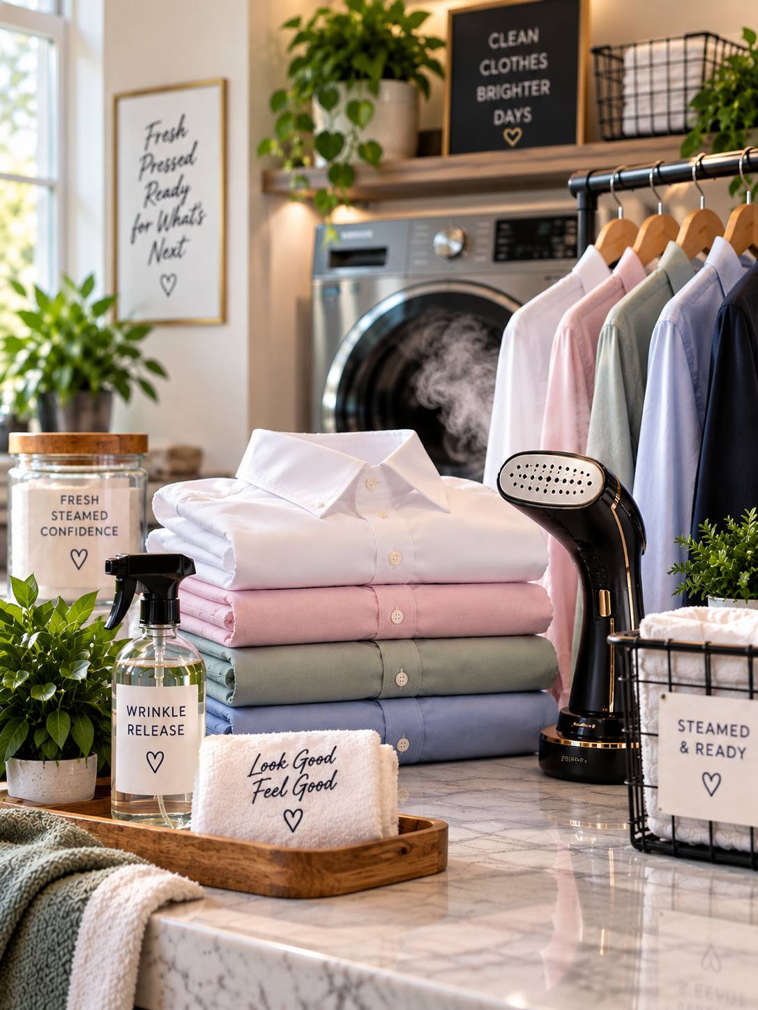 Stacked pastel colored shirts on a counter with a steam iron and laundry items, laundry room with plants, signs with motivational laundry messages, front load washing machine in the background.