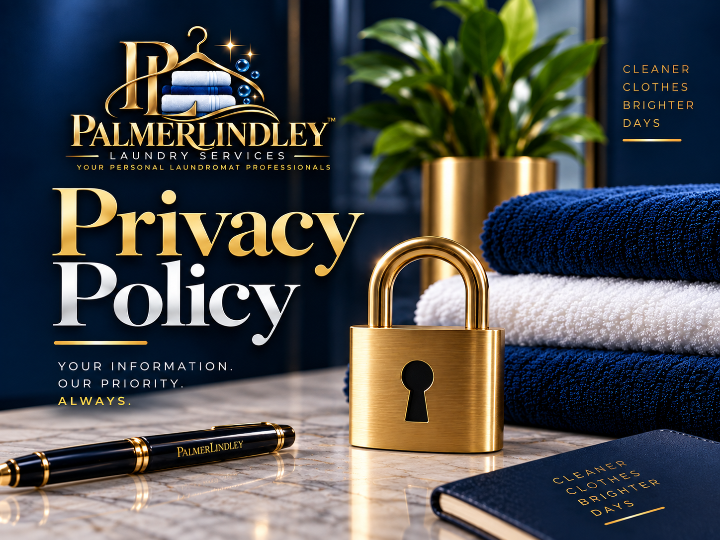 Advertisement for PalmerLindley Laundry Services featuring privacy policy, towels, a gold padlock, a pen, and a notebook, with a background of a potted plant and folded towels.