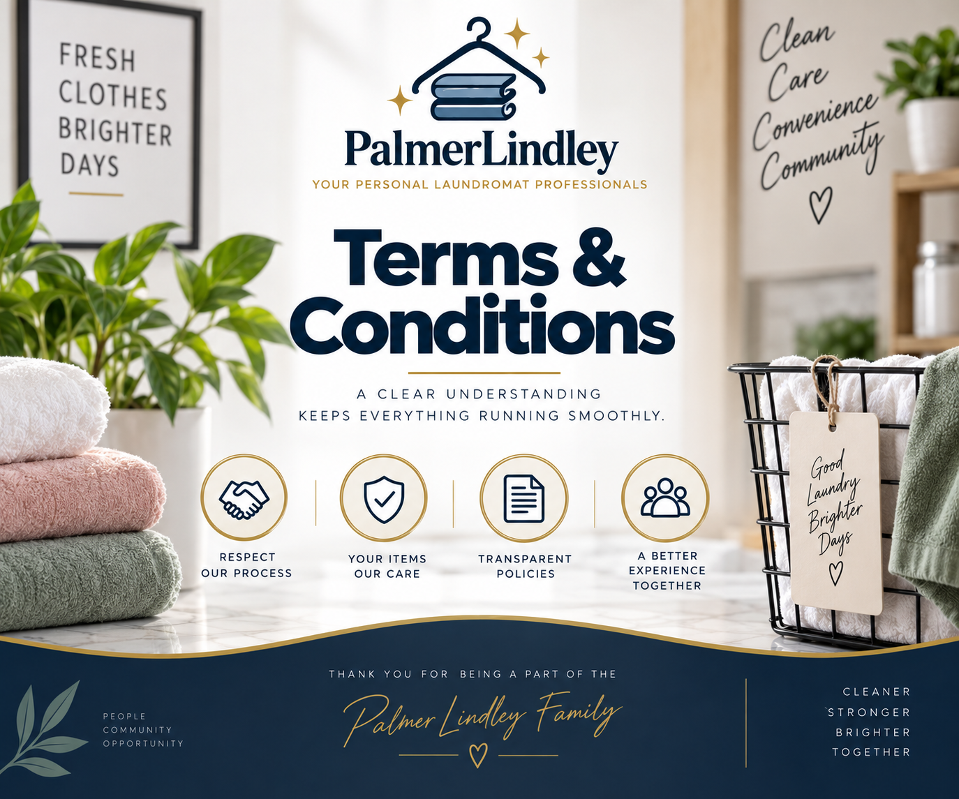 A laundromat with folded towels, laundry baskets, and a colorful poster that reads 'Terms & Conditions' for Palmer Lindley, a laundry service. The image highlights respect, care, transparent policies, and a better experience.