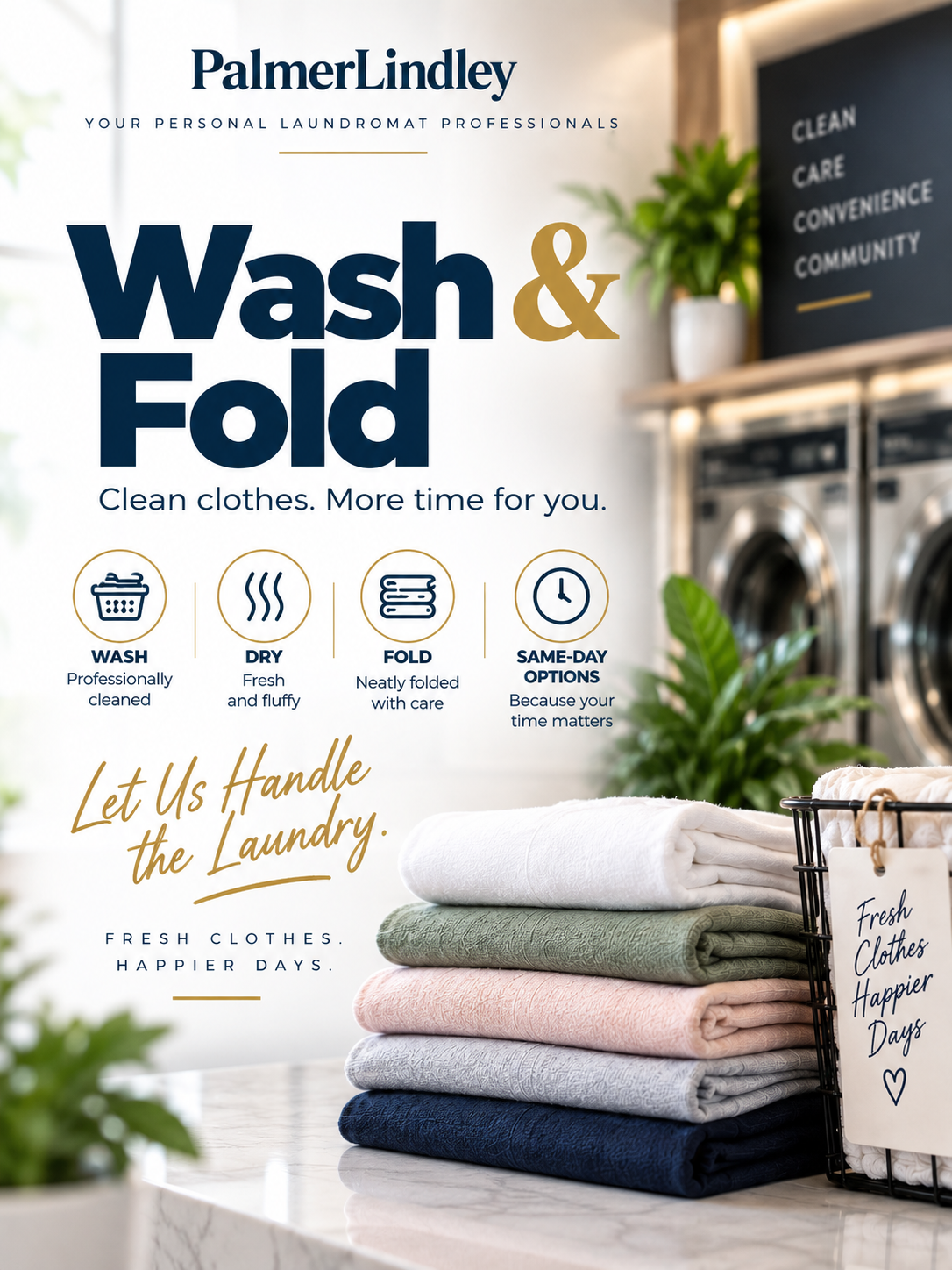 Signboard for PalmerLindley laundry services with the headline 'Wash & Fold' and icons illustrating wash, dry, fold, and same-day options. Piled neatly folded clothes on a counter, and a small basket with a note reading 'Fresh Clothes Happier Days'.