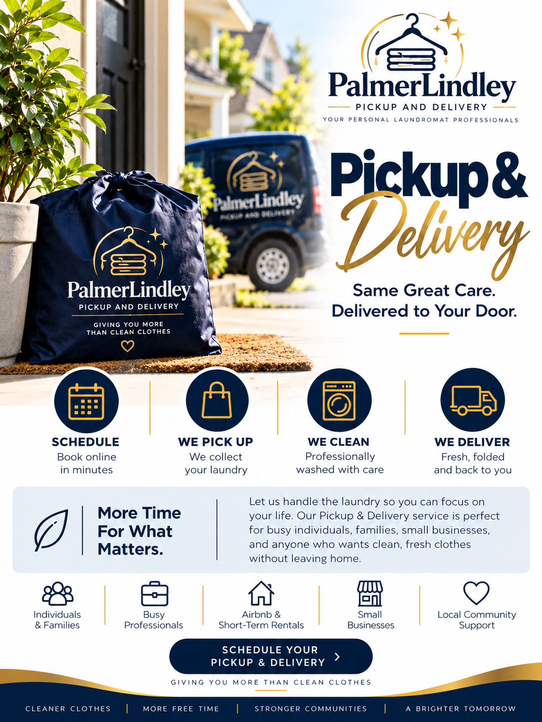 Flyer for PalmerLindley Pickup and Delivery laundry service showing logo, a laundry bag, a delivery van, and icons for scheduling, pickup, cleaning, and delivery services.