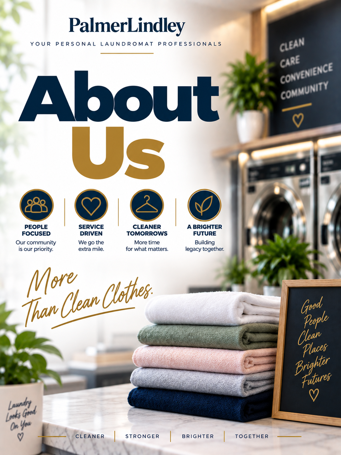 A laundromat with a poster titled "About Us" emphasizing values like people-focused service, cleaner tomorrows, and a brighter future, alongside stacks of folded clothes and a small framed sign with a positive message.
