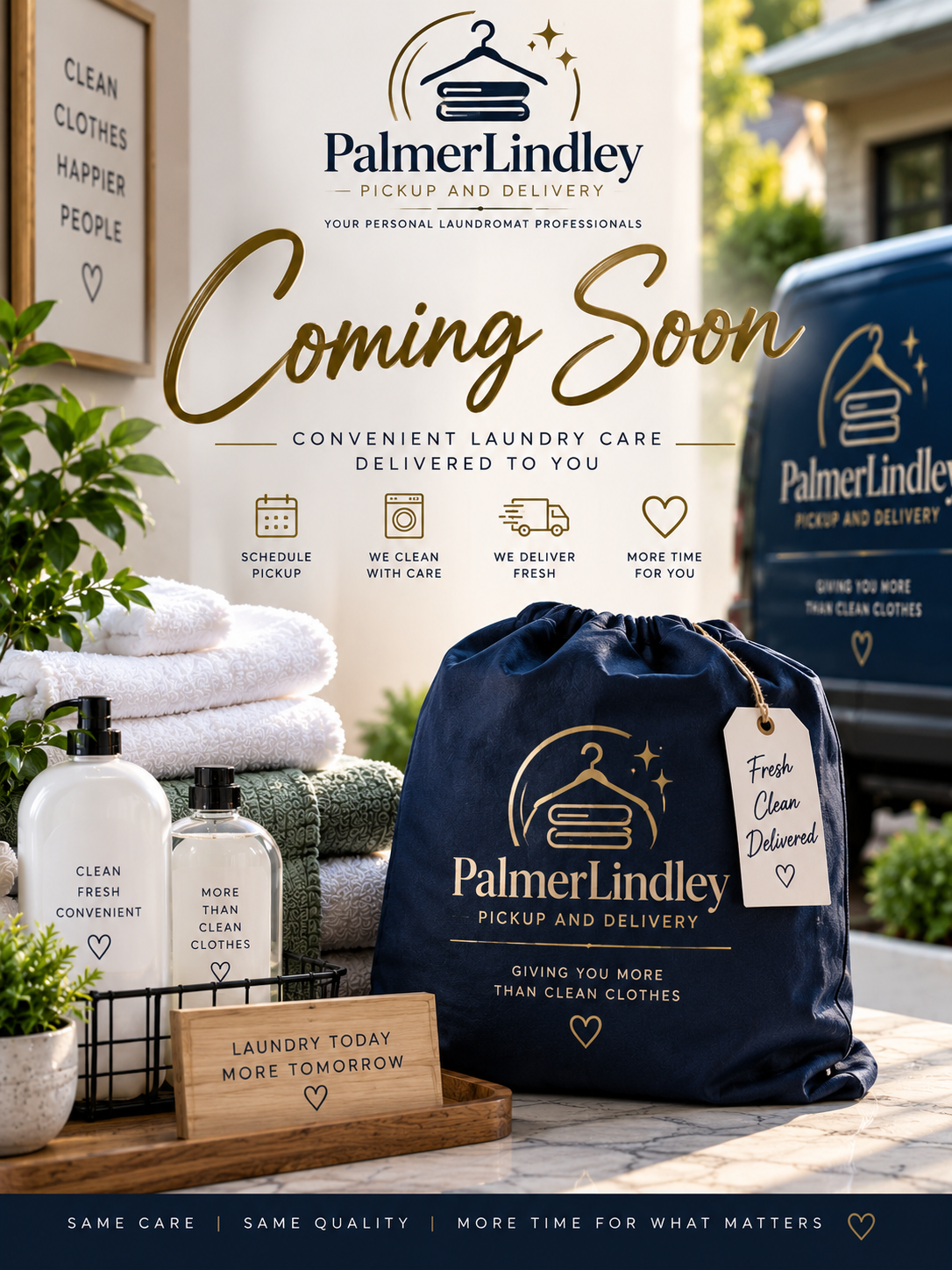 Advertisement for PalmerLindley pickup and delivery laundry service with a sign reading "Coming Soon". Display includes folded towels, laundry detergent bottles, a laundry bag with the PalmerLindley logo, a wooden sign with the text "Laundry today more tomorrow," and a delivery vehicle in the background.