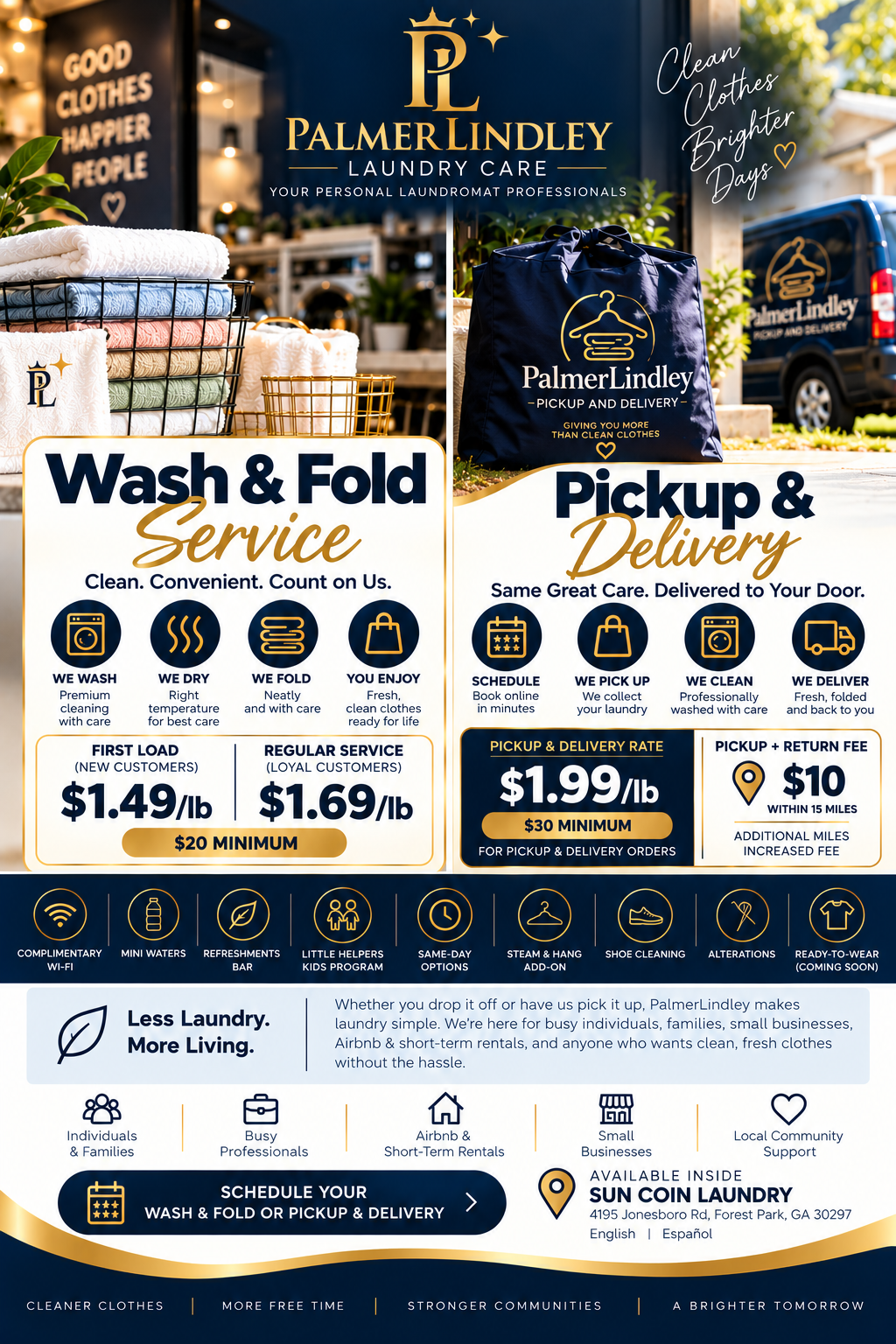 Flyer for PalmerLindley laundry care services, featuring wash and fold, pickup and delivery options, prices, and amenities like Wi-Fi, mini waters, refreshments, and kid-friendly programs in Forest Park, Georgia.