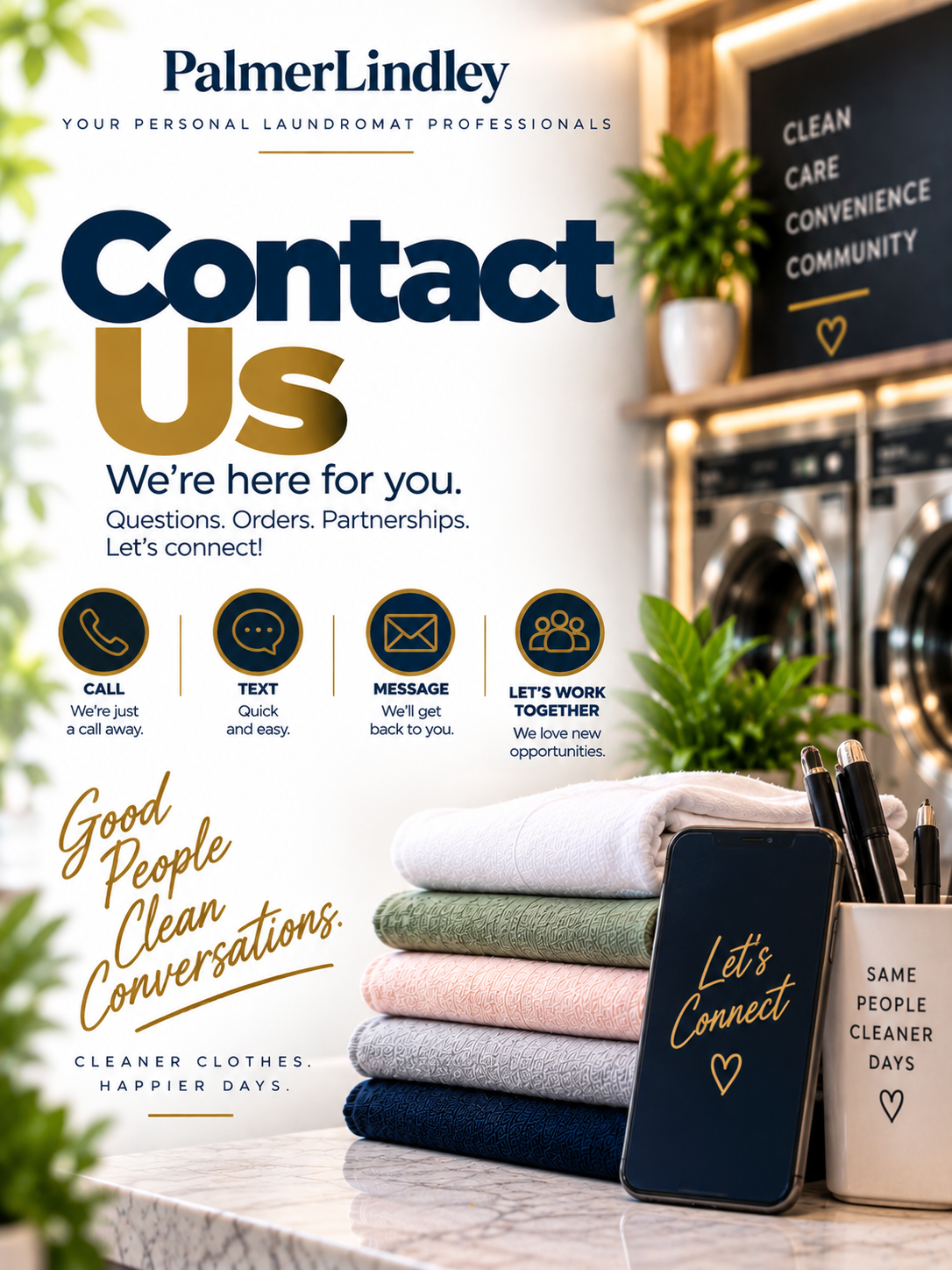 Contact information poster for Palmer Lindley Laundromat, with icons for call, text, message, and work partnership, featuring laundry supplies, in a laundromat environment.