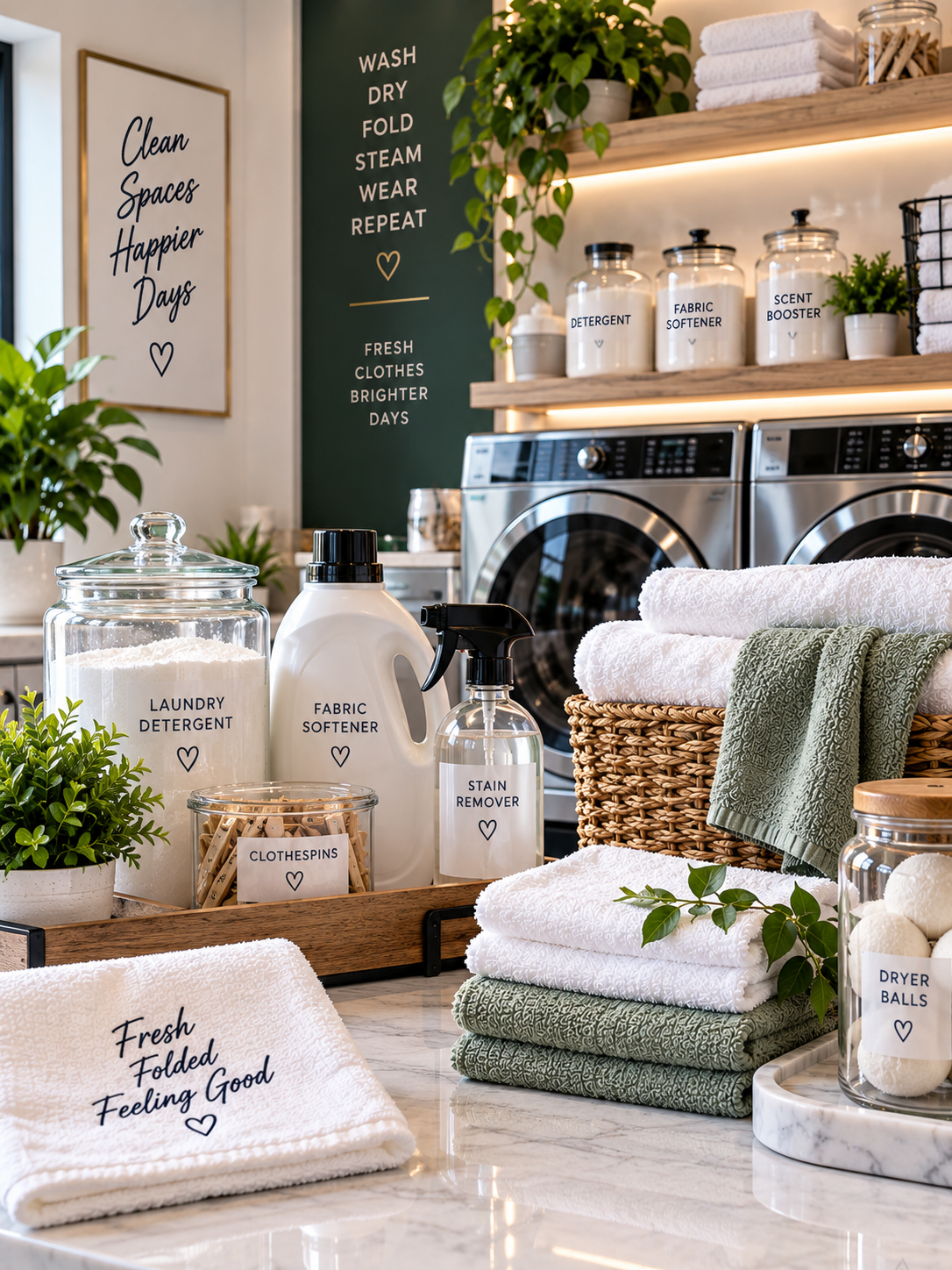Organized laundry room with detergent, fabric softener, stain remover, and laundry balls on marble countertop, surrounded by folded towels and green plants, with decorative signs about clean spaces and laundry routines.