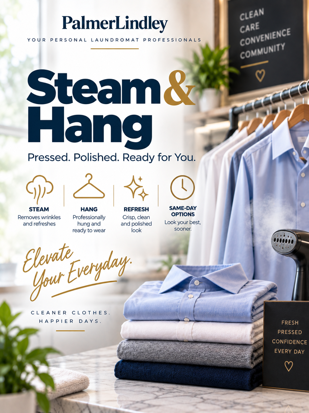 Advertisement for PalmerLindley dry cleaning with the headline "Steam & Hang". Features clean shirts, icons indicating steaming, hanging, refreshing, and same-day options. Tagline "Elevate Your Everyday."