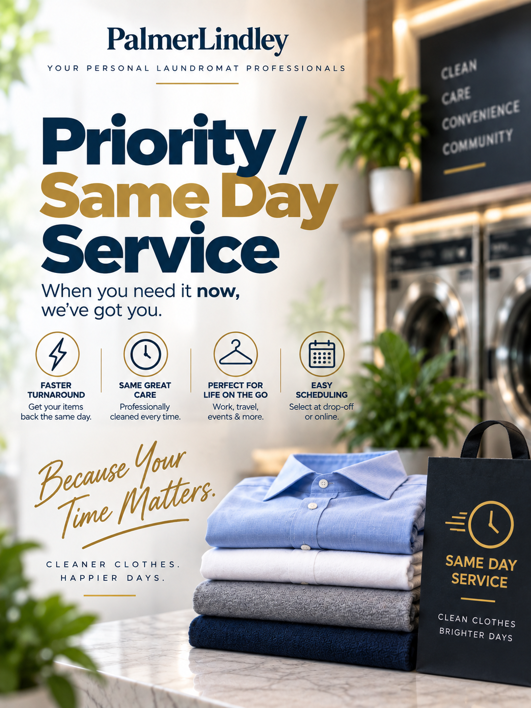 Flyer for Palmer Lindley laundry services highlighting same day service with an image of folded shirts and a black bag with service details.