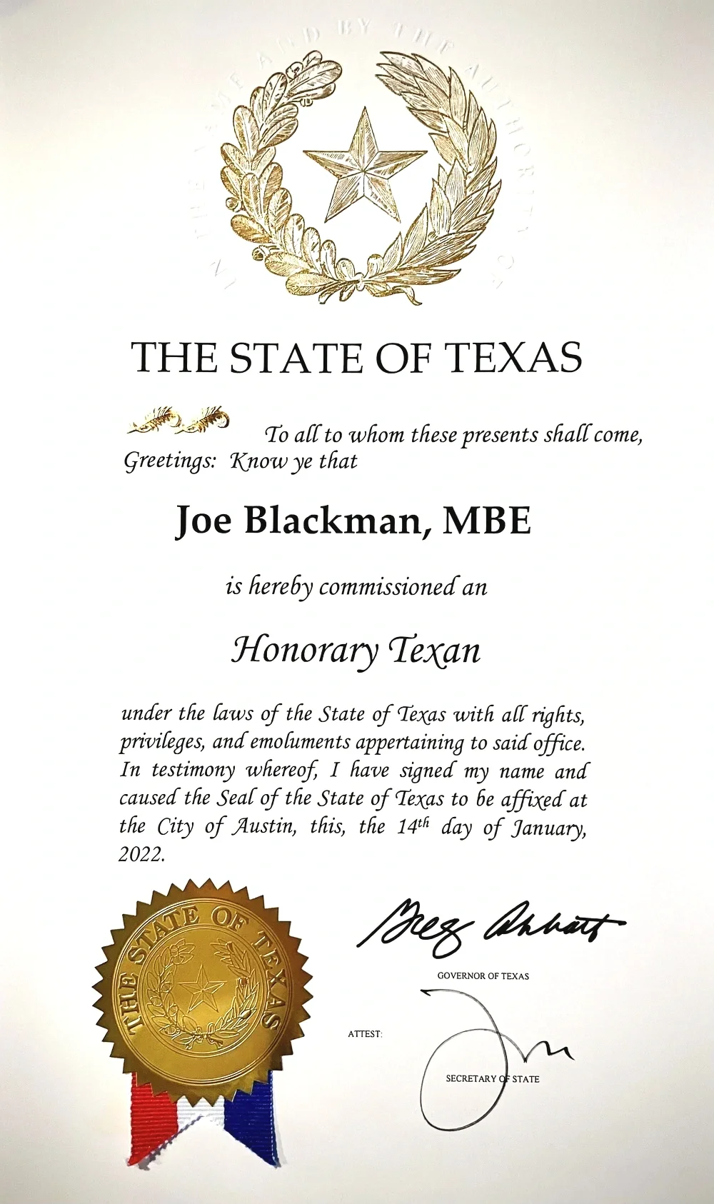 A Honorary Texan designation for Joe Blackman