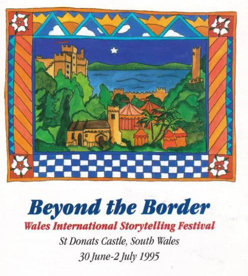 Poster for the Wales International Storytelling Festival held at St Donats Castle, South Wales from June 30 to July 2, 1995. Features colorful landscape with castles, mountains, a lake, and a cloth border with geometric patterns.