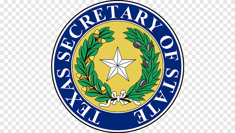 Seal of the Texas Secretary of State featuring a star, olive branch, and blue circular text.