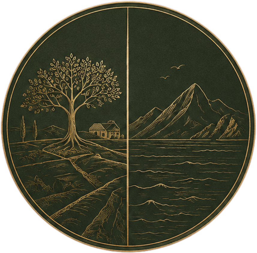 RAIZ. emblem representing the connection between Madeira and Alentejo, with land, tree, mountains and sea