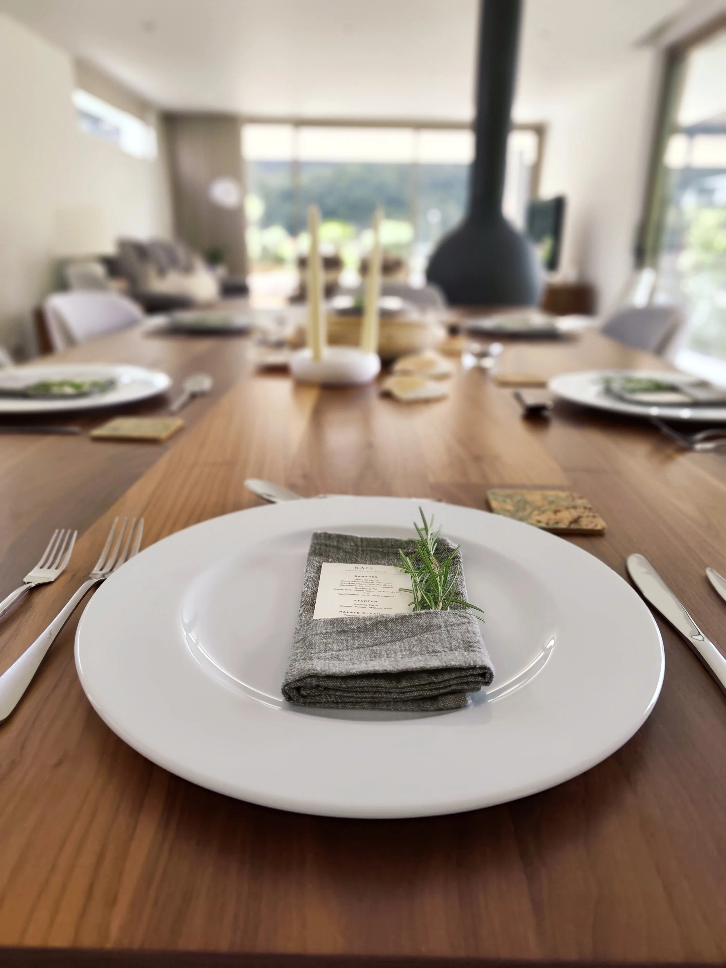 Private dining table set for guests with natural table details