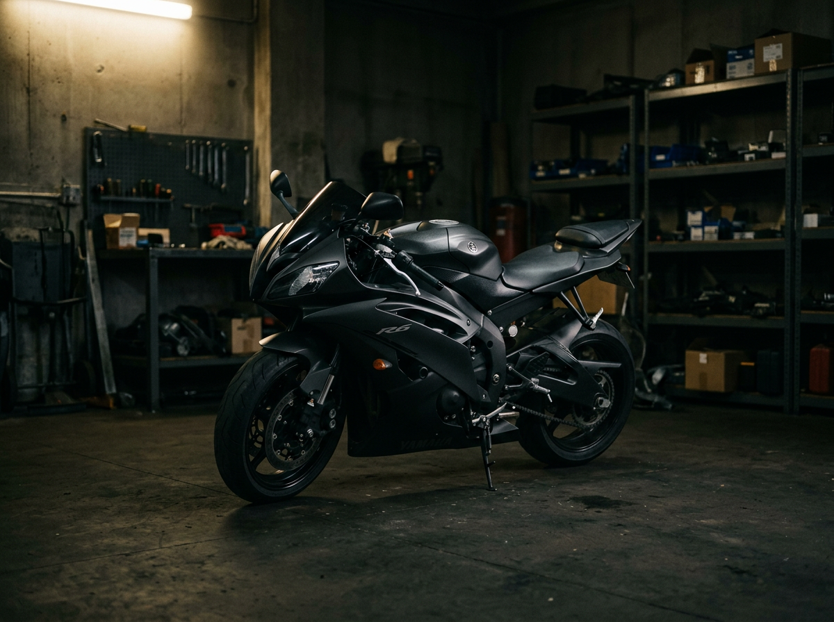 Black Yamaha motorcycle in a dimly lit garage with shelves and tools in background.