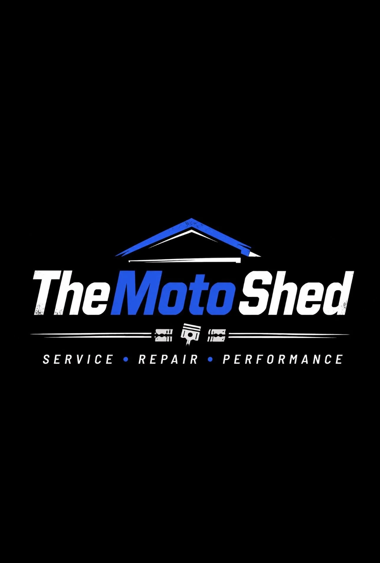 A logo for The Moto Shed featuring a stylized house roof in blue and black, with a piston and two wrench icons underneath. The text reads "The Moto Shed" with "Moto" in blue and the rest in white, and the tagline "Service, Repair, Performance" below.