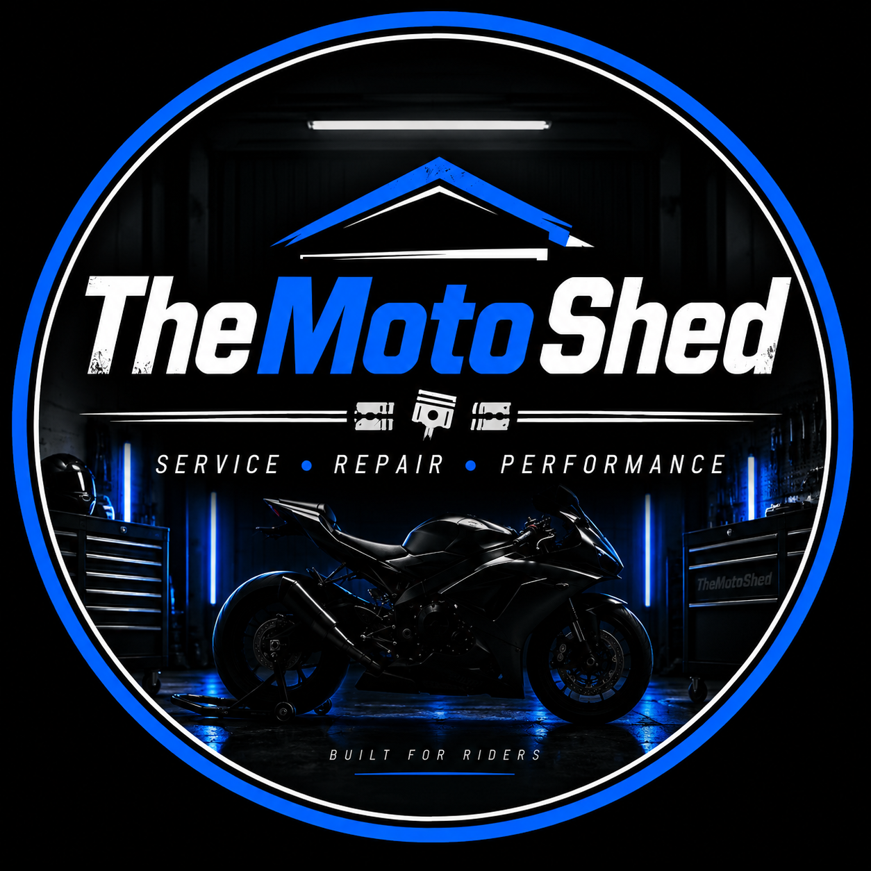 Logo for The Moto Shed featuring a black motorcycle inside a dark garage with blue neon lights, with text indicating motorcycle service, repair, and performance, and a small graphic of a house roof over the name.