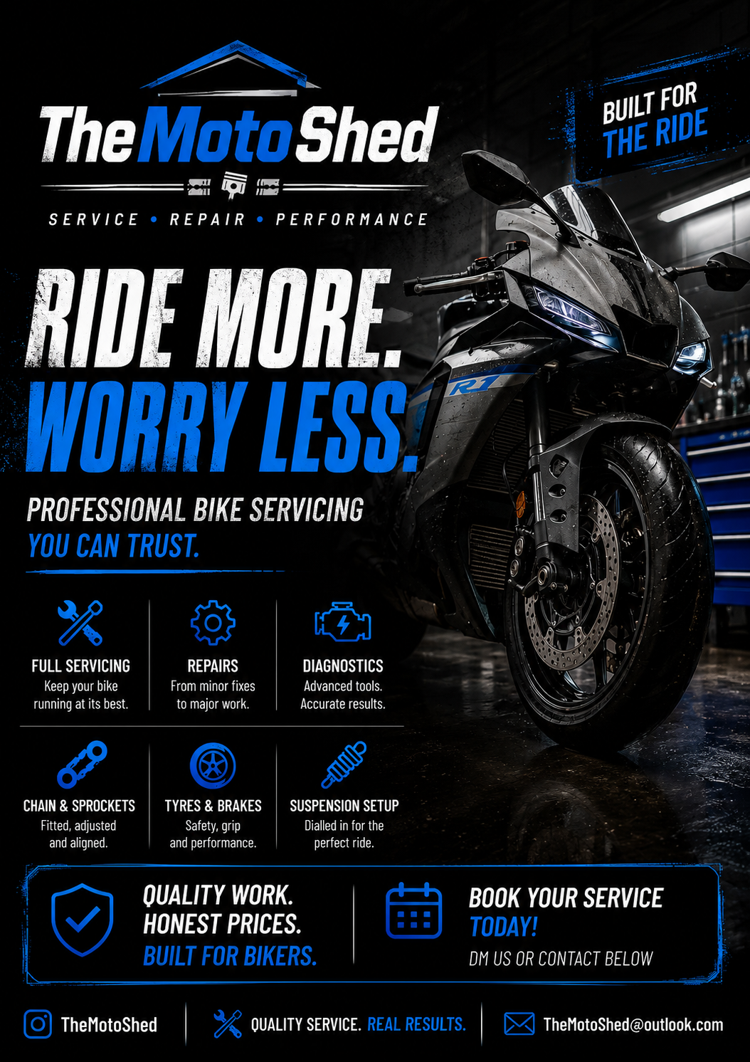 Flyer for The Moto Shed motorcycle repair shop featuring a black sportbike in a garage. The flyer highlights services such as full servicing, repairs, diagnostics, chain and sprockets, tires and brakes, and suspension setup. The text emphasizes quality work, honest prices, and encourages booking a service today.