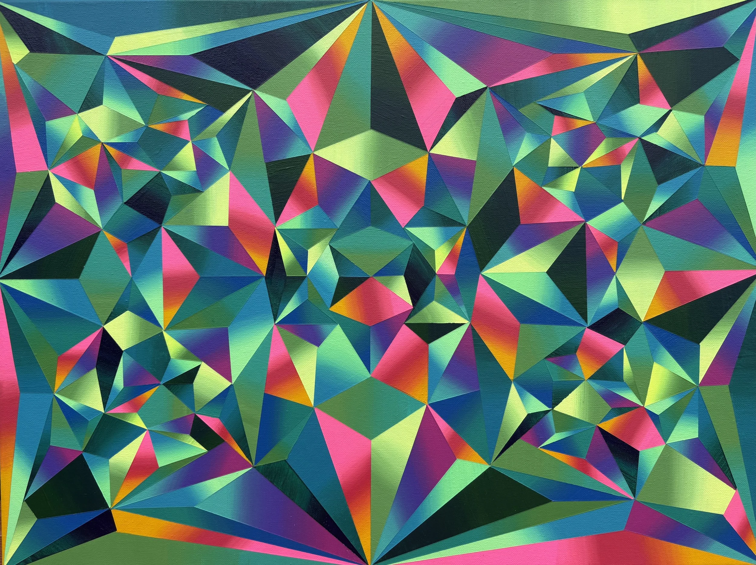 A vibrant, geometric abstract acrylic painting with multicolored triangular and polygonal shapes in shades of green, pink, blue, black, orange, and purple.