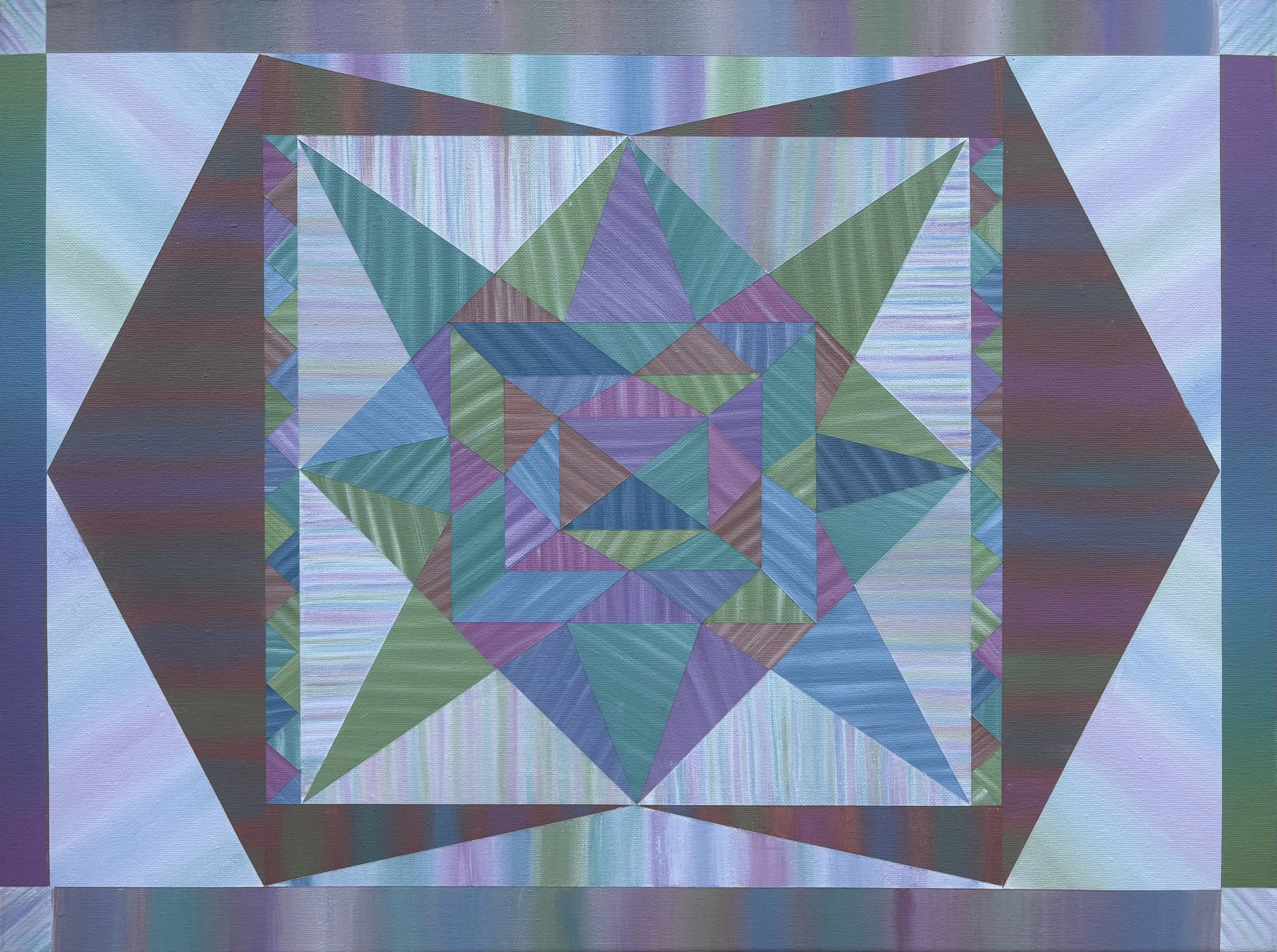 Abstract hand-made artwork featuring geometric shapes, including colorful layered triangles and lines in shades of green, blue, purple, and red.