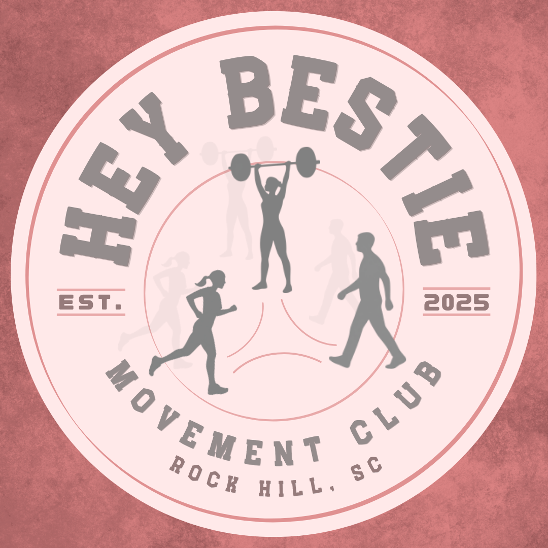 Logo for the 'Hey Bestie Movement Club' in Rock Hill, SC, with silhouettes of people running, lifting weights, and exercising.