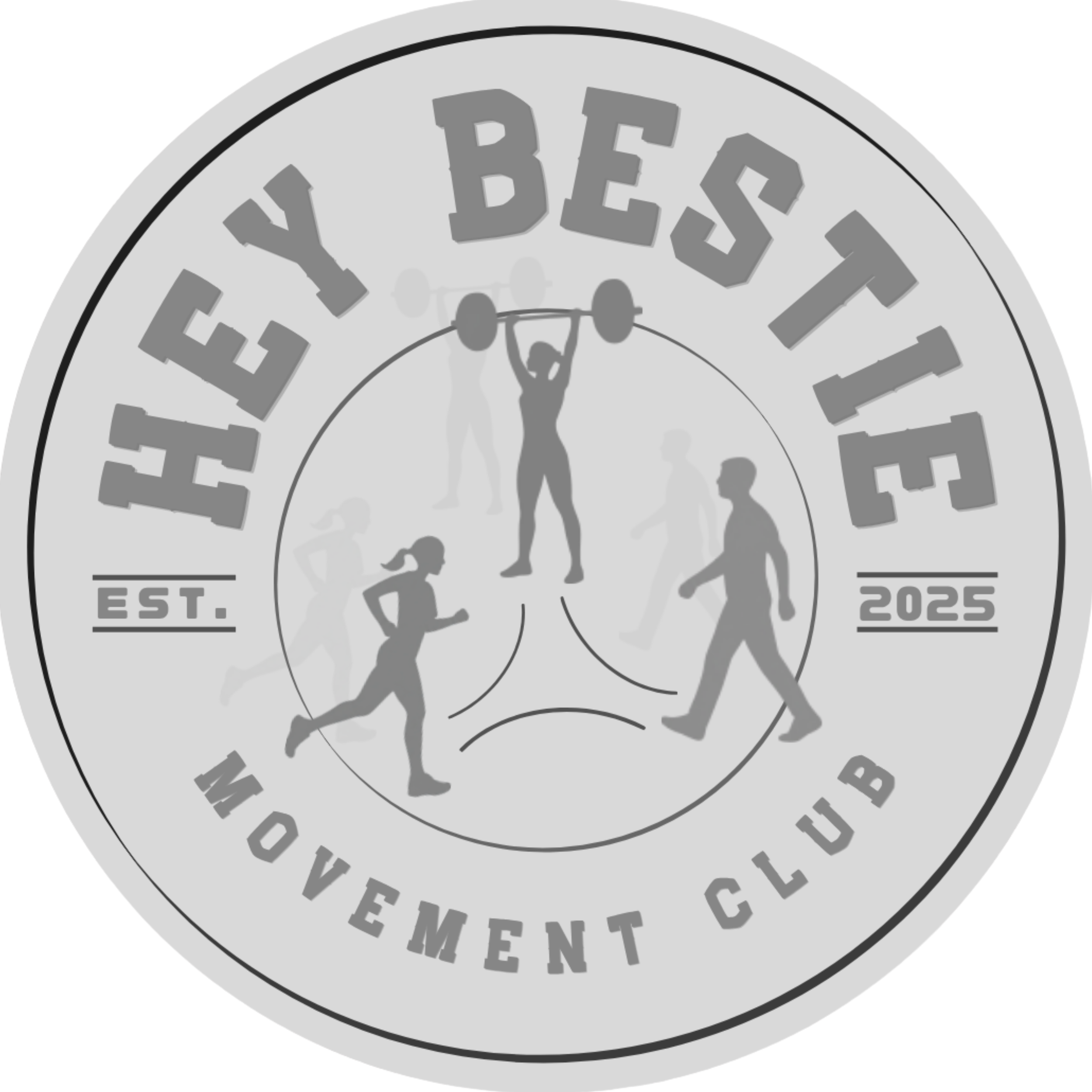 Circular logo with the text 'The Best Coffee' around the border, a silhouette of a person holding a barbell in the center, with small silhouettes of animals and various fitness elements inside the circle, and the establishment year 2025.