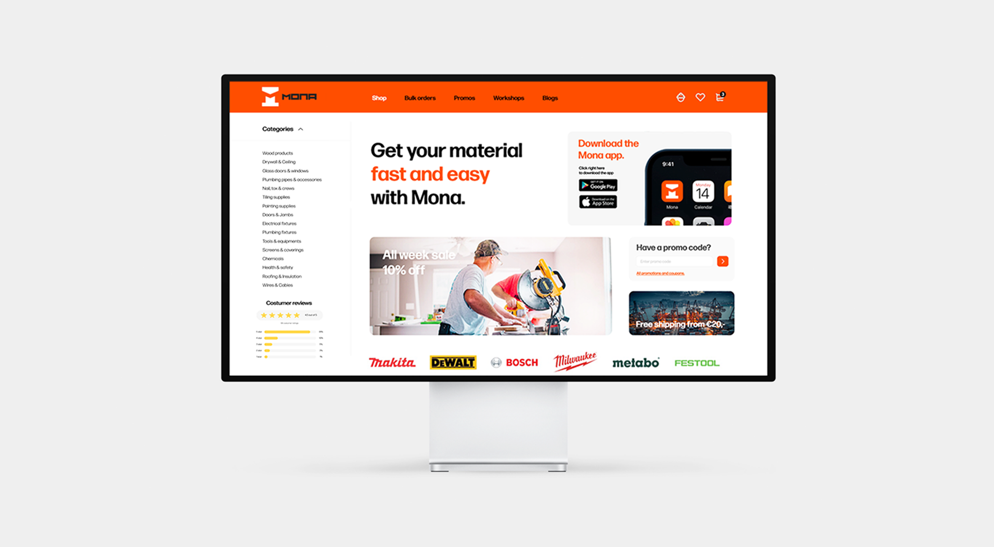 Mona hardware and building materials website displayed on a desktop monitor, featuring tool brand logos, promotions, and app download banner