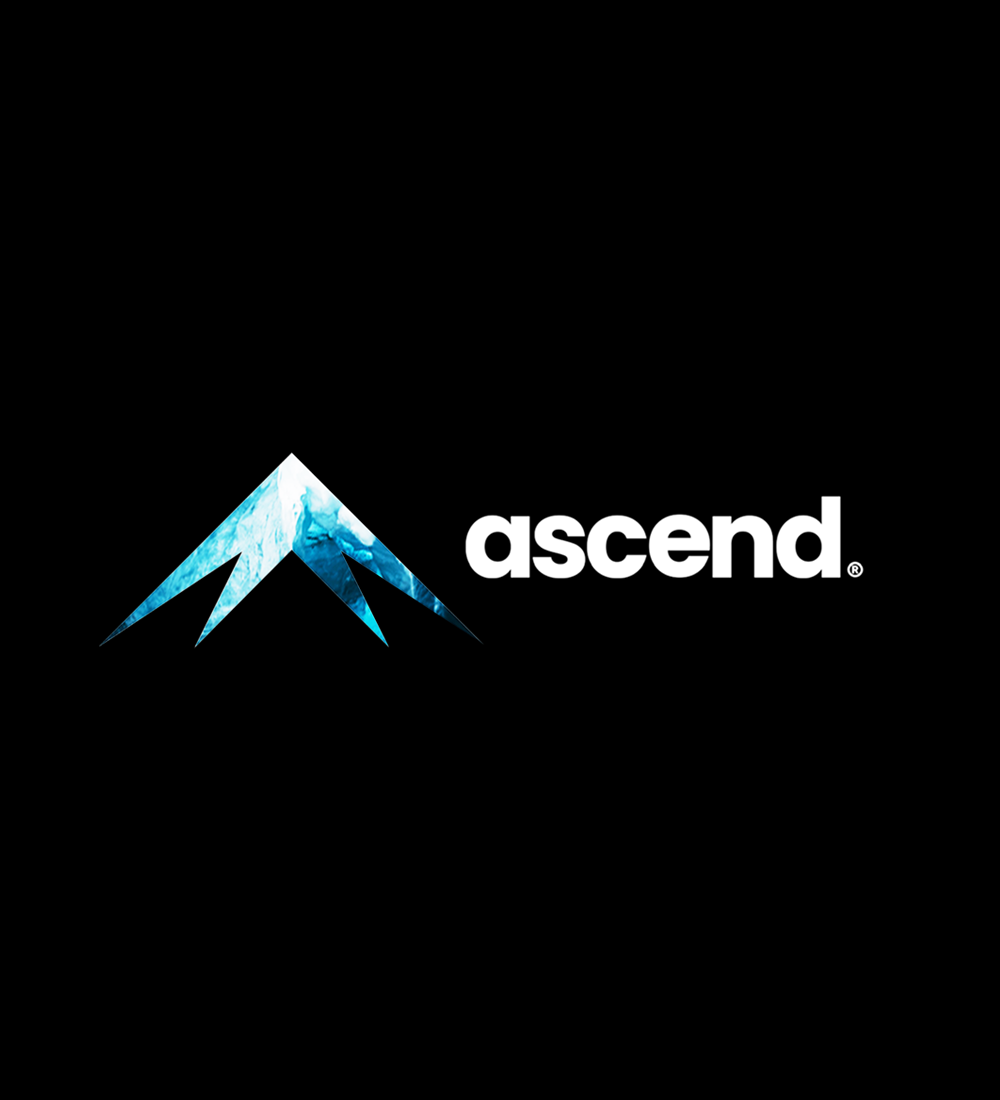 Ascend logo with a blue mountain peak icon and white text on a black background