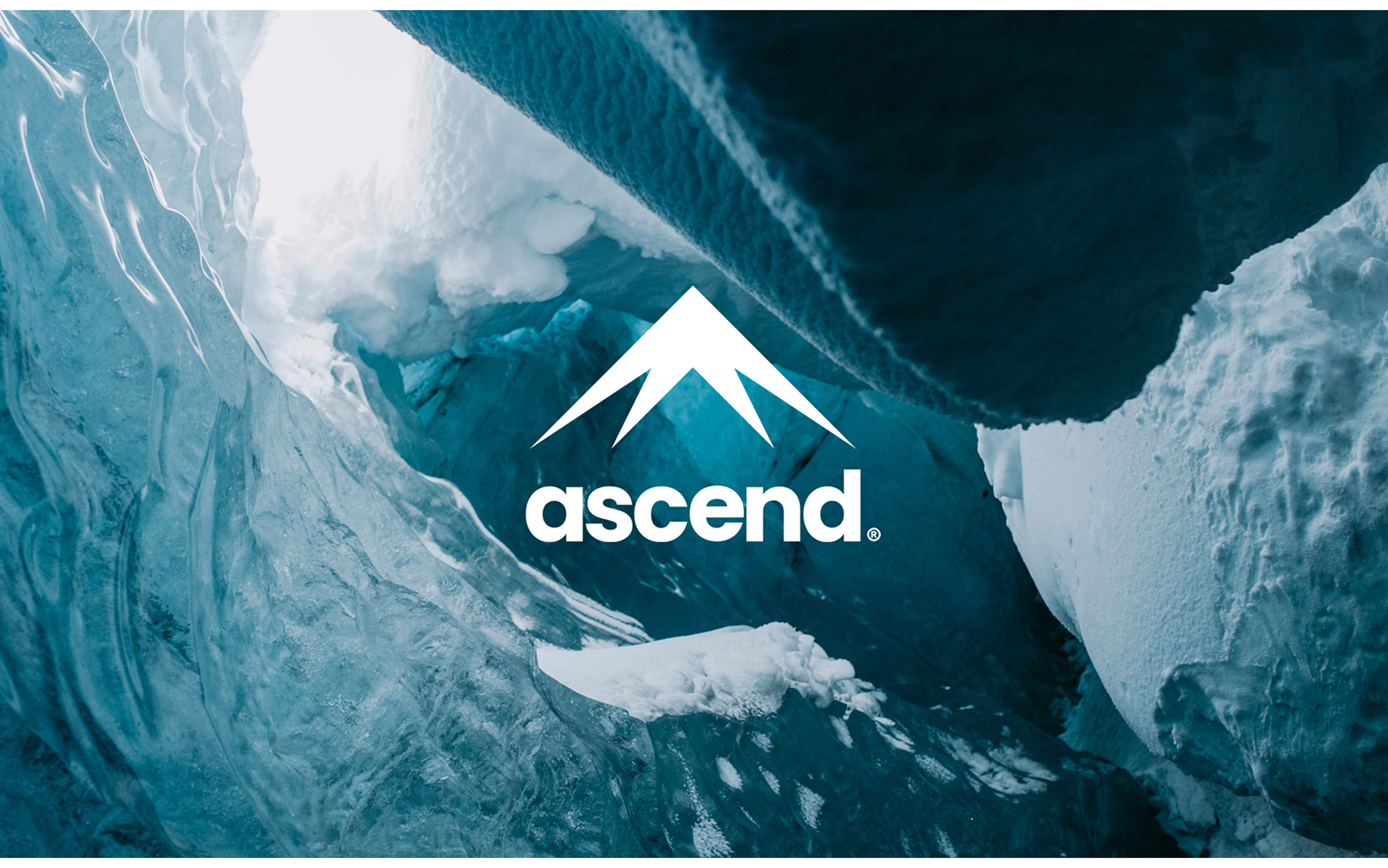 Blue-toned ice cave with the white Ascend logo centered.