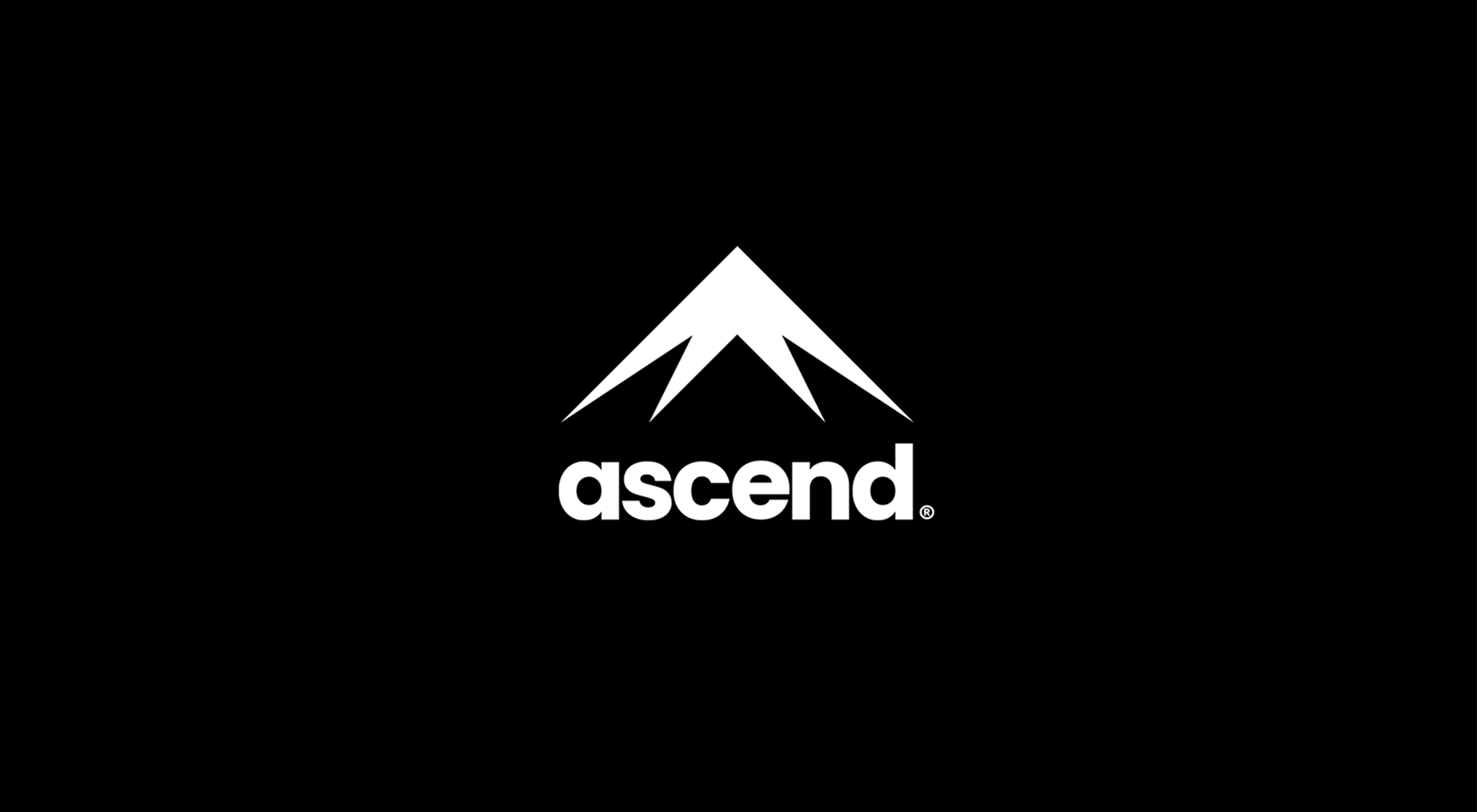 White Ascend logo with stylized mountain peaks on a black background