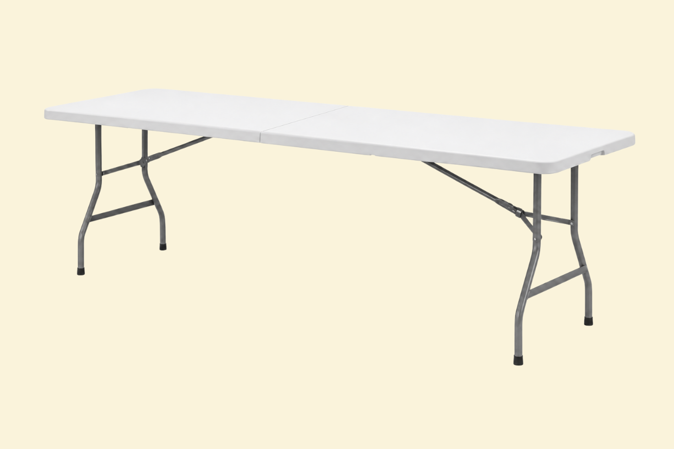 White folding table with metal legs on a light-colored background.
