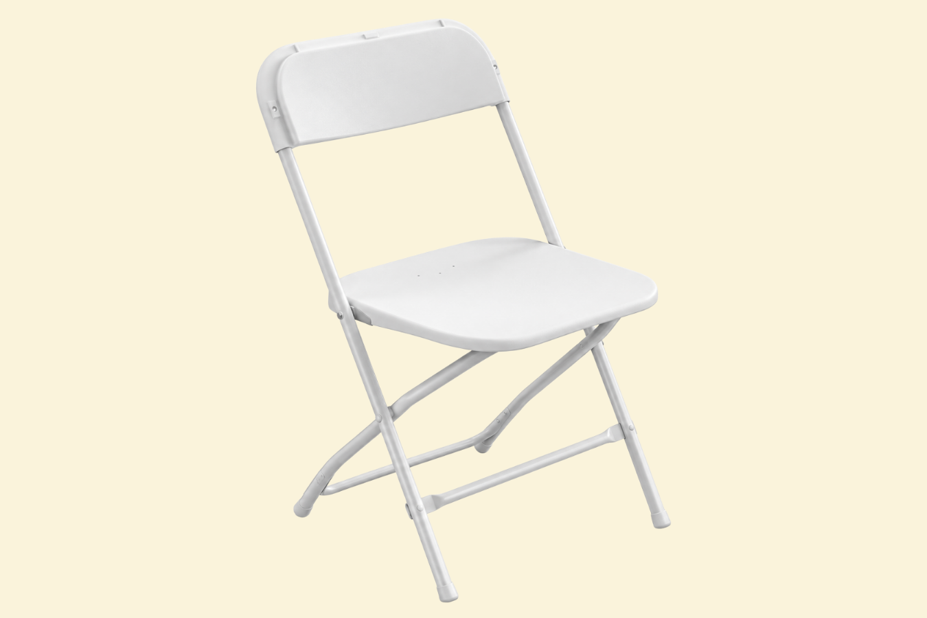 White folding chair on a beige background.