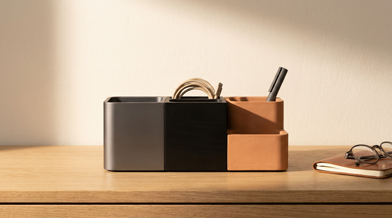 Desk organizer with gray, black, and terracotta sections, holding cables and a stylus, next to a closed notebook with glasses on top.